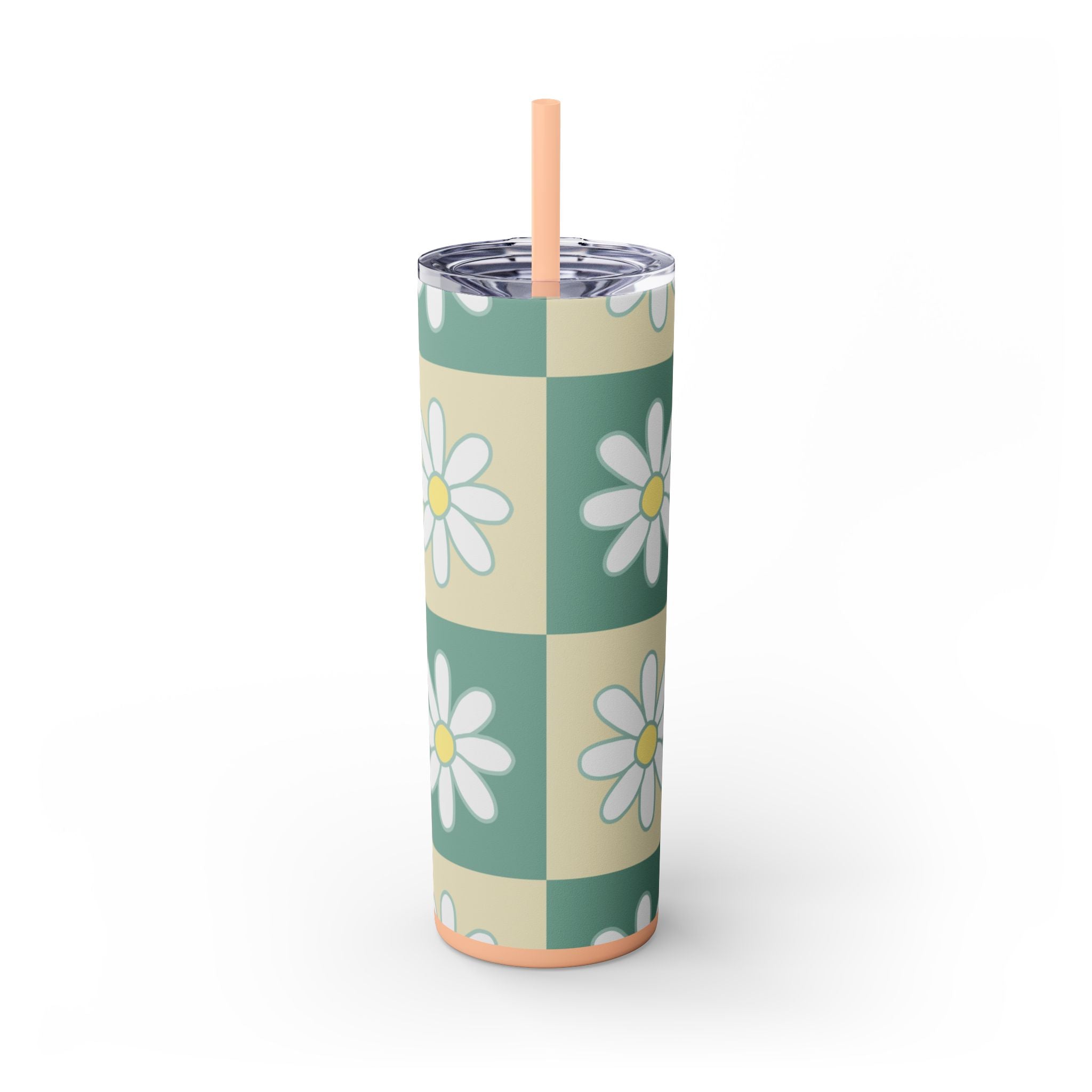 Retro Daisy Checkerboard Green and Tan Skinny Tumbler with Straw, 20oz, Artsulli - Art is Long, Life is Short, Mug, Finish, Matte, Color, Blush, Size, 20oz, 17934258265767705739