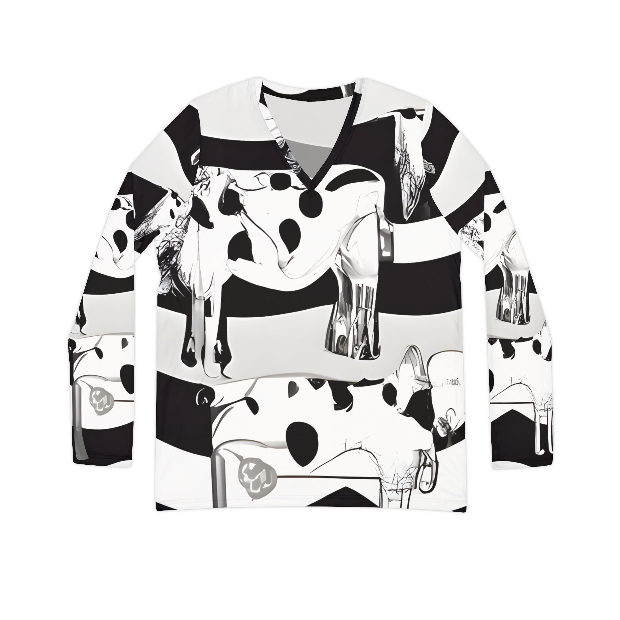 Cruellas Cattle Line Women's Long Sleeve V-neck Shirt (AOP)