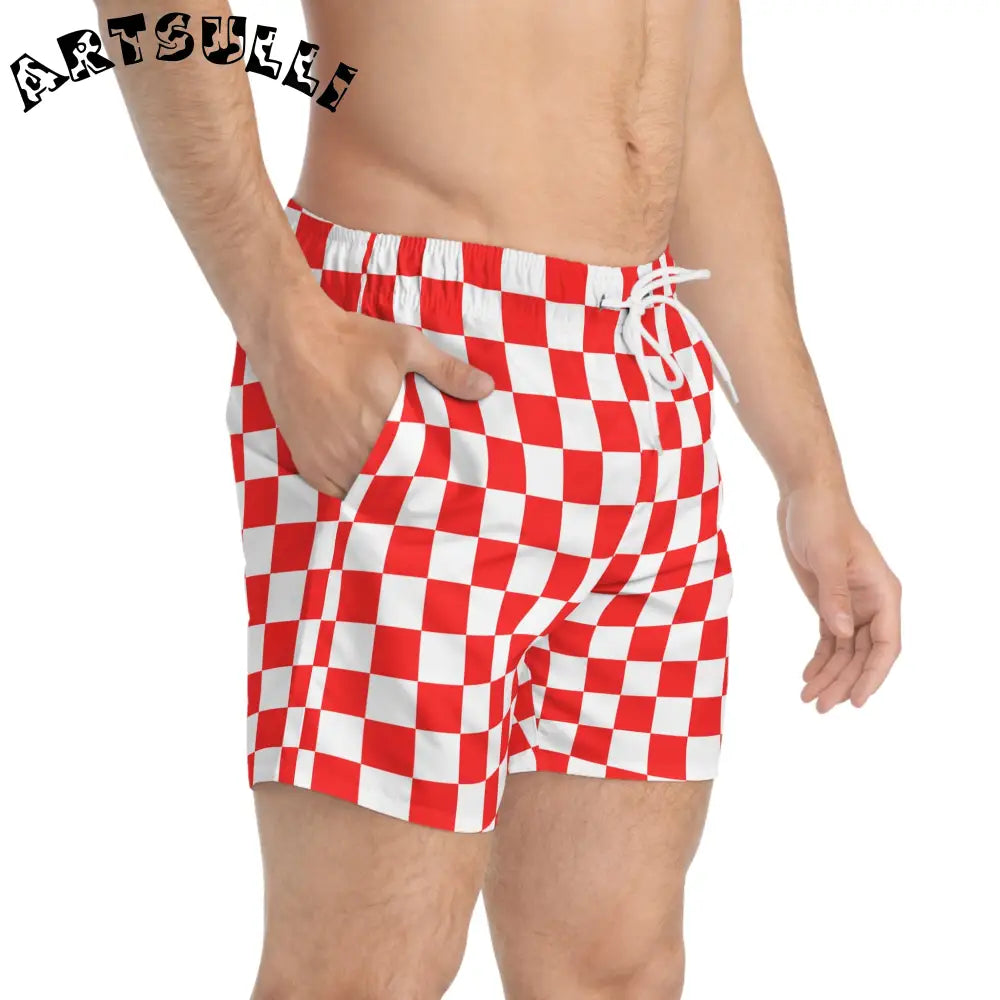 JAKKOUTTHEBXX Checkerboard II Red and White Swim Trunks (AOP)