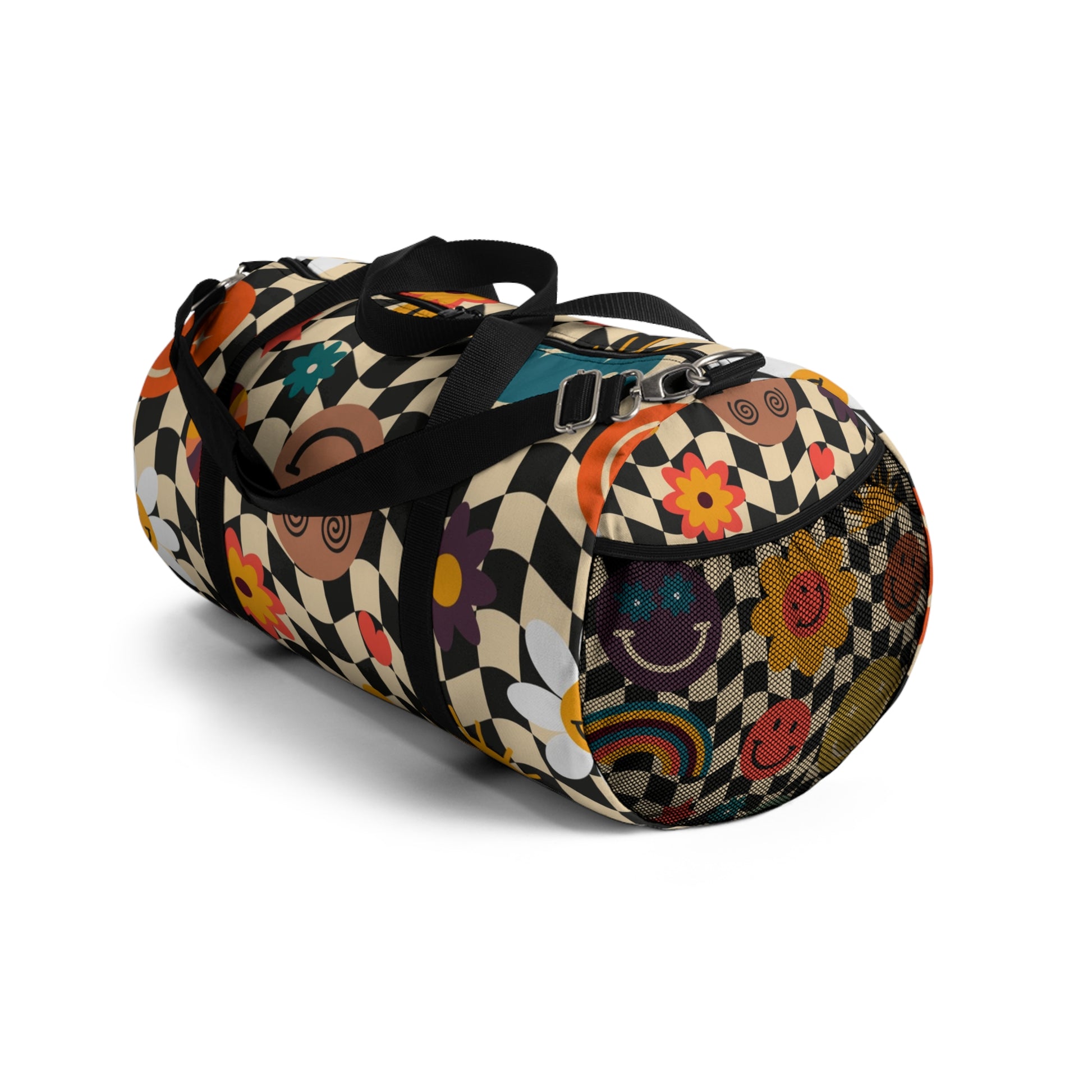 Trippy x Wavy Checkerboard x Smiley Face x Rainbow x Flowers Multi-Color Duffel Bag, Artsulli - Art is Long, Life is Short, Bags, , , , , , , 