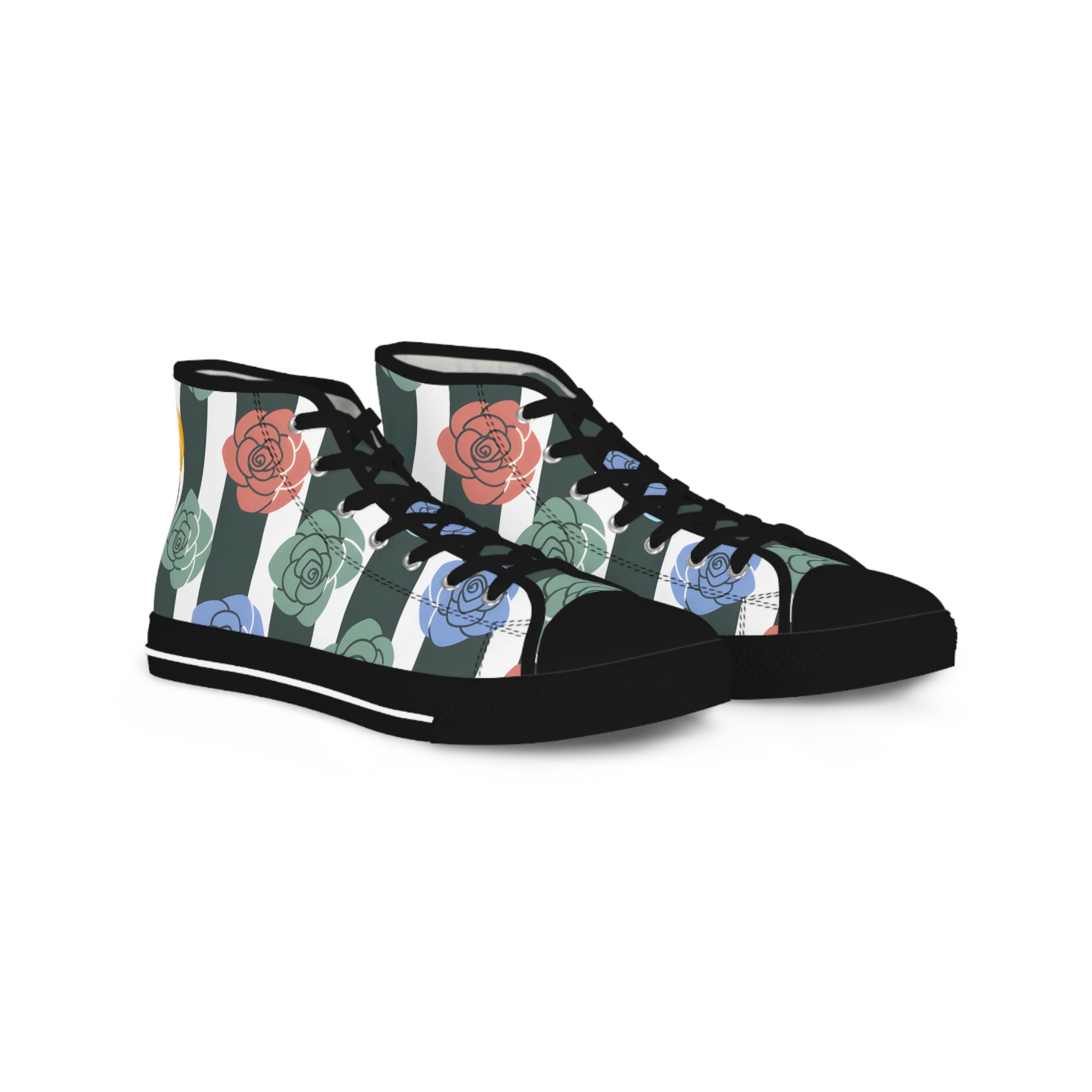 Stripes x Roses Black and White Men's High Top Sneakers, Artsulli - Art is Long, Life is Short, Shoes, Size, US 5, Color, Black sole, , , 34821985286411386968