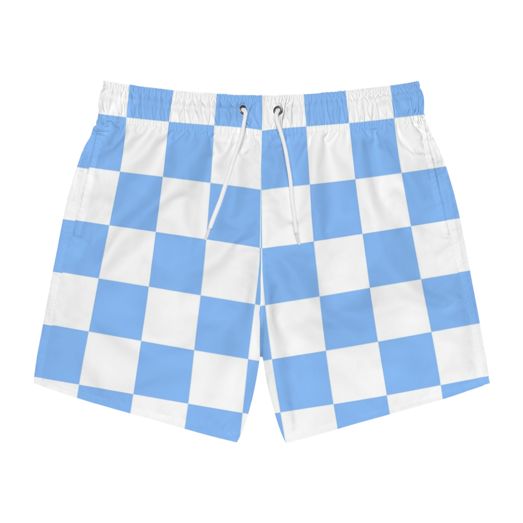 Checkerboard White and Light Blue Swim Trunks (AOP), Artsulli - Art is Long, Life is Short, All Over Prints, Size, XS, Color, Seam thread color automatically matched to design, , , 18055493193035135719