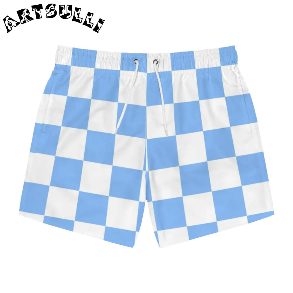 JAKKOUTTHEBXX Checkerboard White and Light Blue Swim Trunks (AOP)