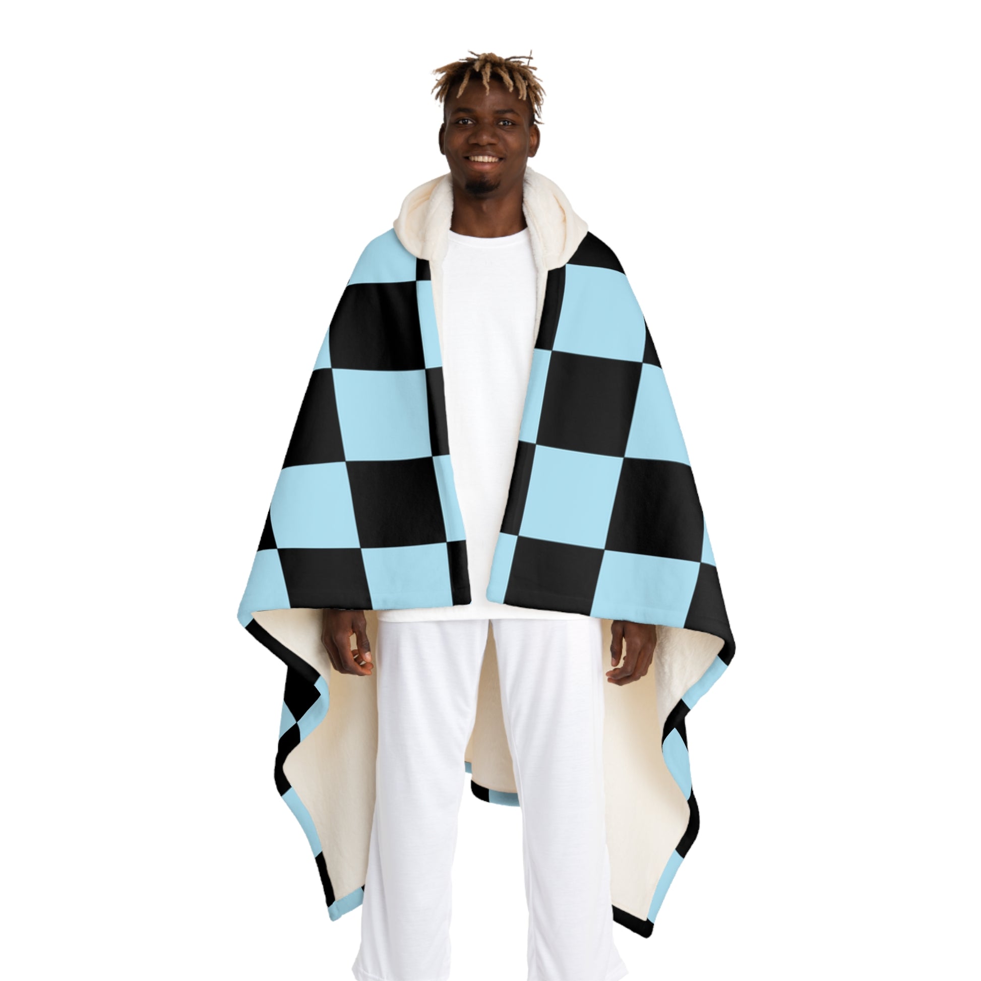 Checkerboard Black and Blue Hooded Sherpa Fleece Blanket, Artsulli - Art is Long, Life is Short, All Over Prints, Size, One size, Color, Cream, , , 22546486245452034974