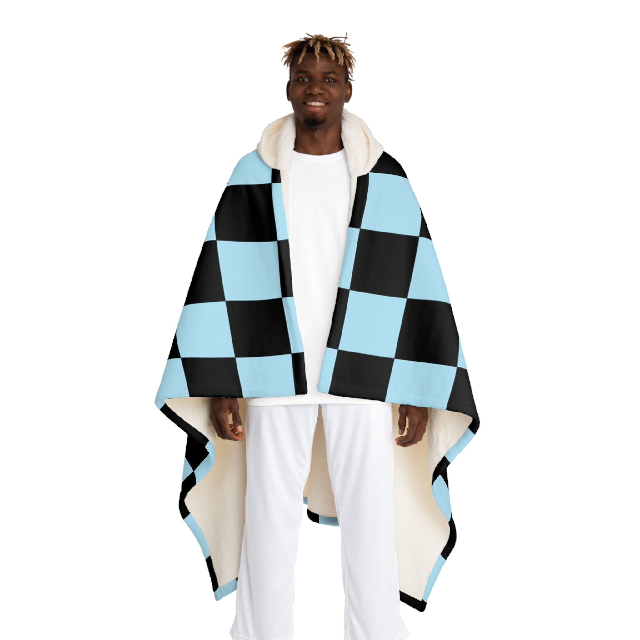 Checkerboard Black and Blue Hooded Sherpa Fleece Blanket, Artsulli - Art is Long, Life is Short, All Over Prints, Size, One size, Color, Cream, , , 14449013659924522315