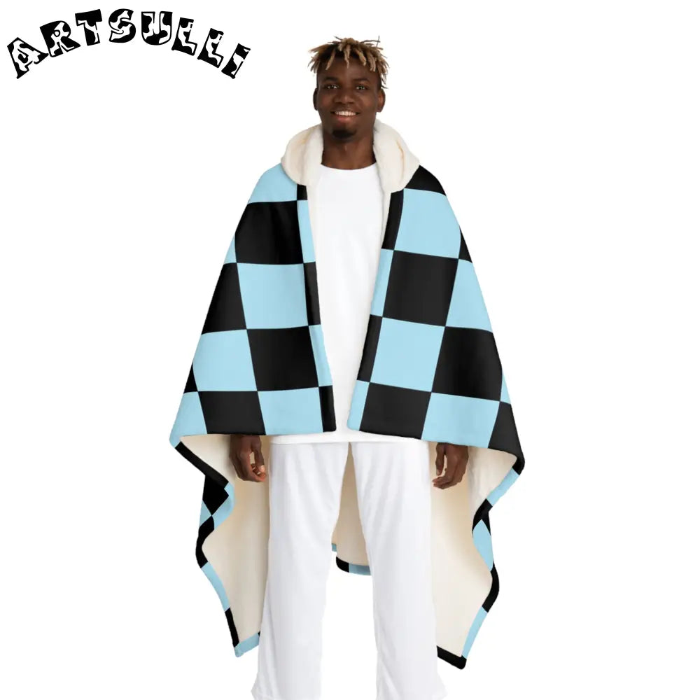 JAKKOUTTHEBXX Checkerboard Black and Blue Hooded Sherpa Fleece