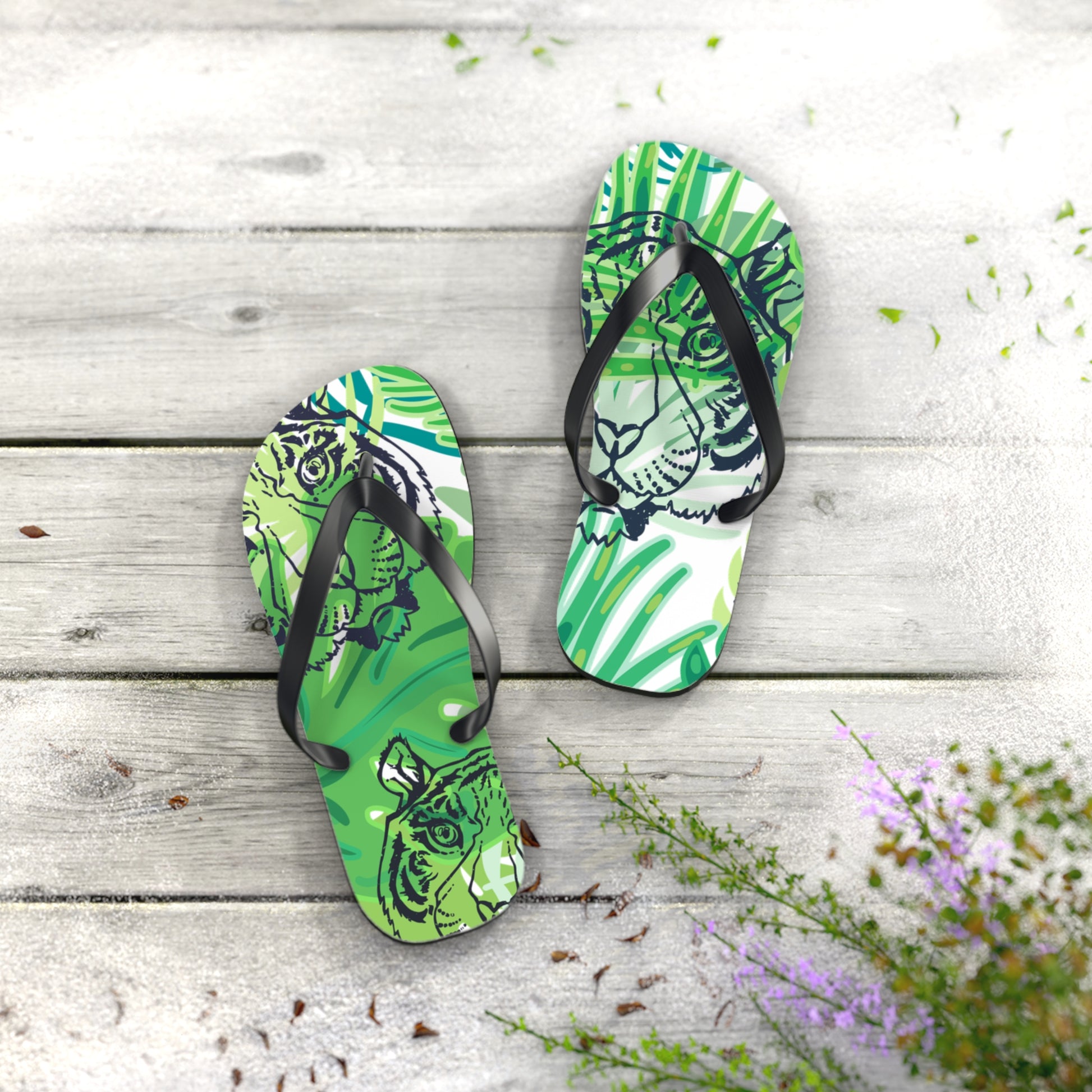 Tropical Jungle Tigers Green Flip Flops, Artsulli - Art is Long, Life is Short, Shoes, , , , , , , 