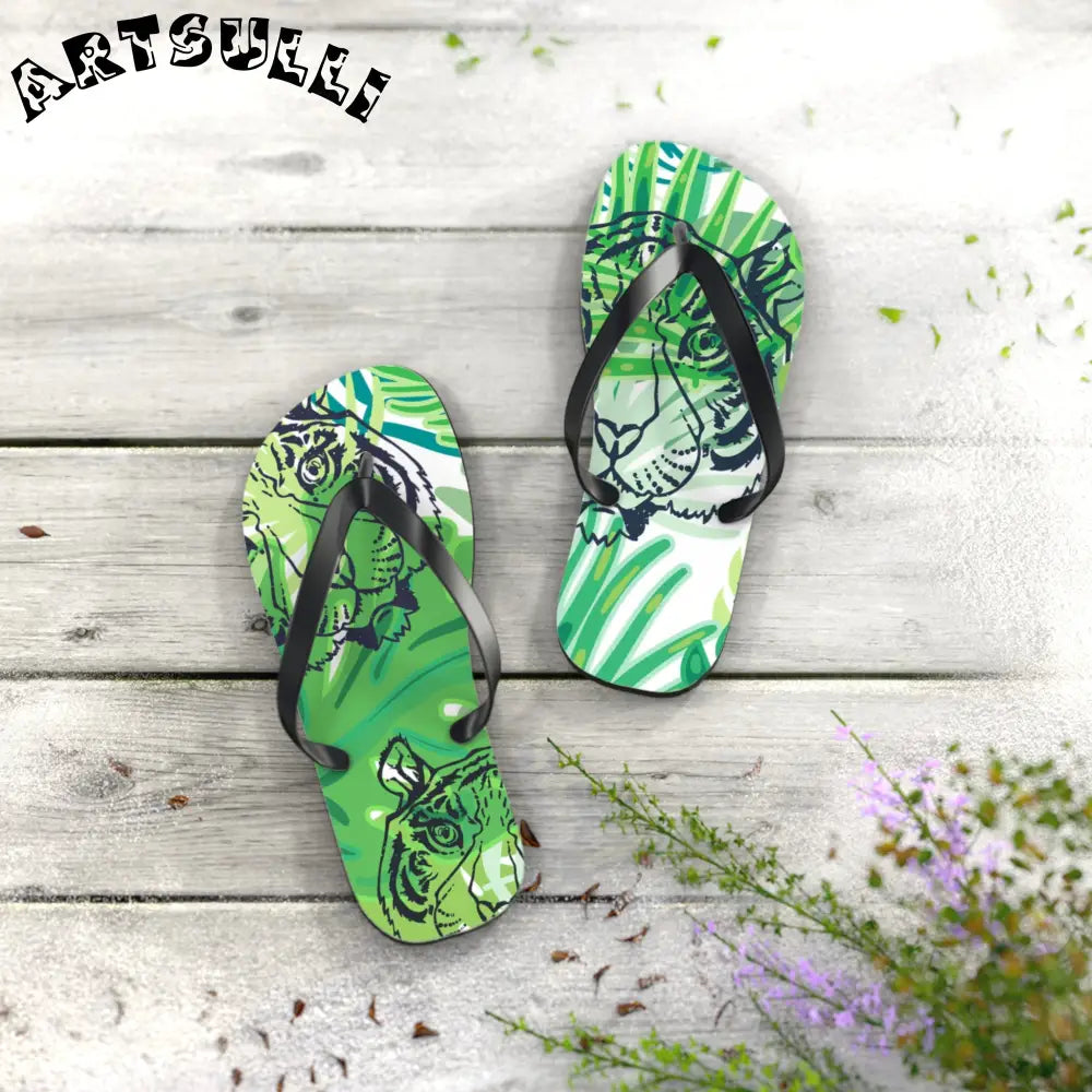 JAKKOUTTHEBXX Tropical Jungle Tigers Green Flip Flops JAKKOUTTHEBXX