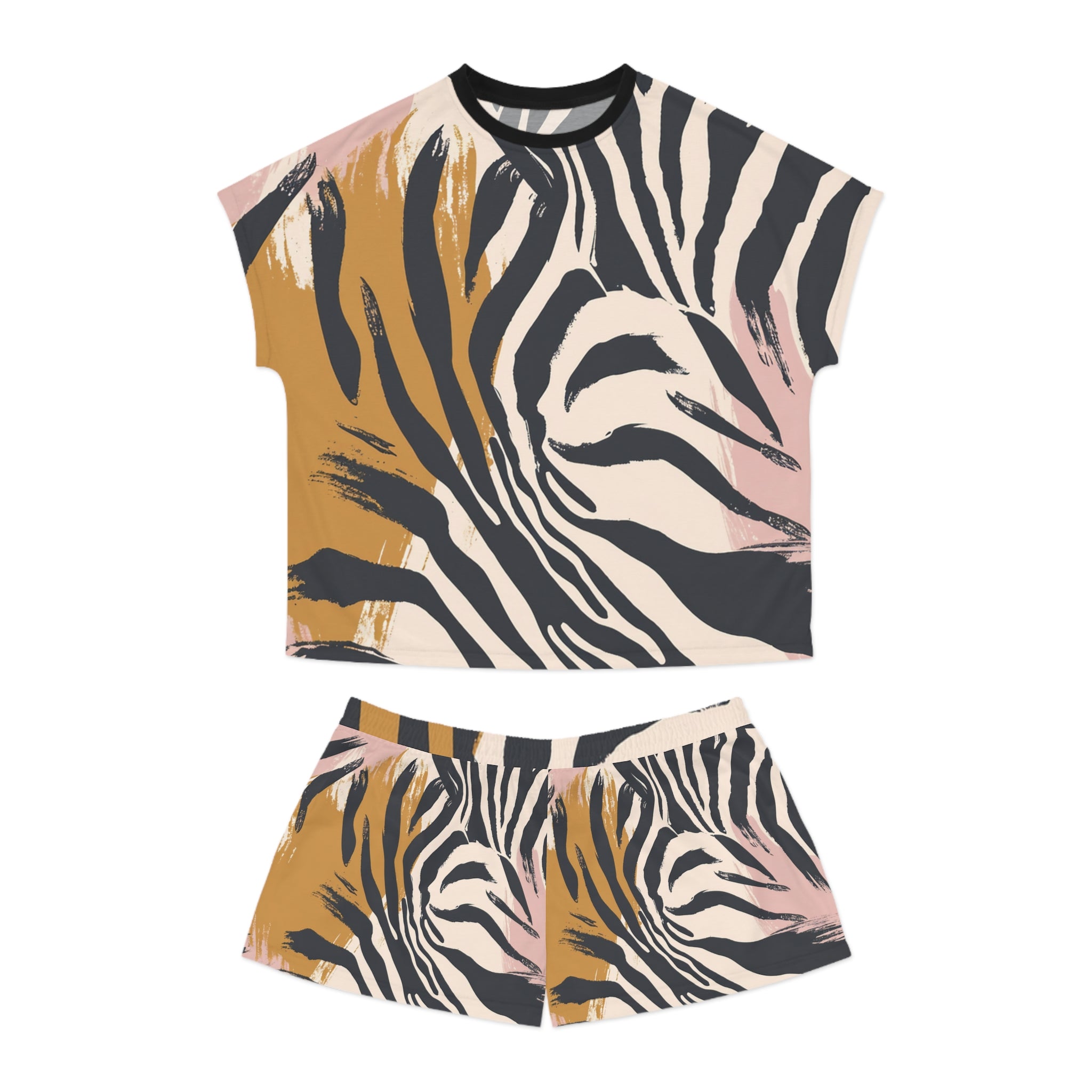 Zebra Brush Strokes Women's Short Pajama Set (AOP), Artsulli - Art is Long, Life is Short, All Over Prints, Size, S, Color, Black, , , 17635199671687