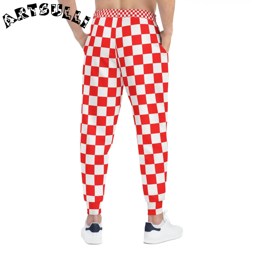 JAKKOUTTHEBXX Checkerboard Red and White Athletic Joggers (AOP)
