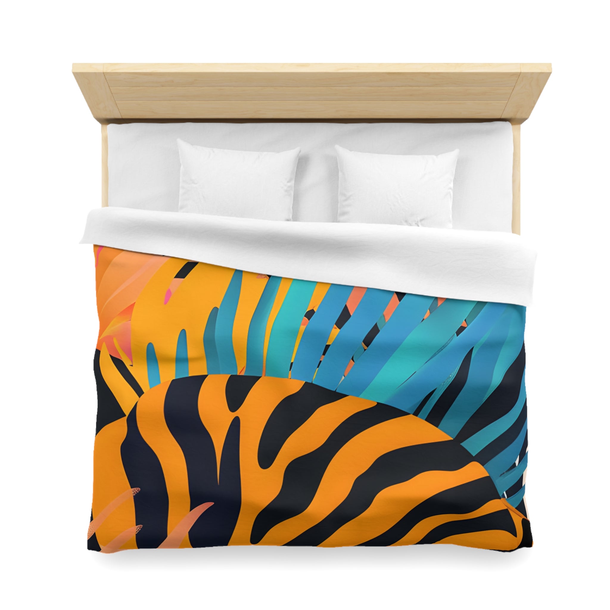 Palm Leaves x Zebra Stripes x  Tiger Stripes Orange and Blue  Microfiber Duvet Cover, Artsulli - Art is Long, Life is Short, Home Decor, , , , , , , 