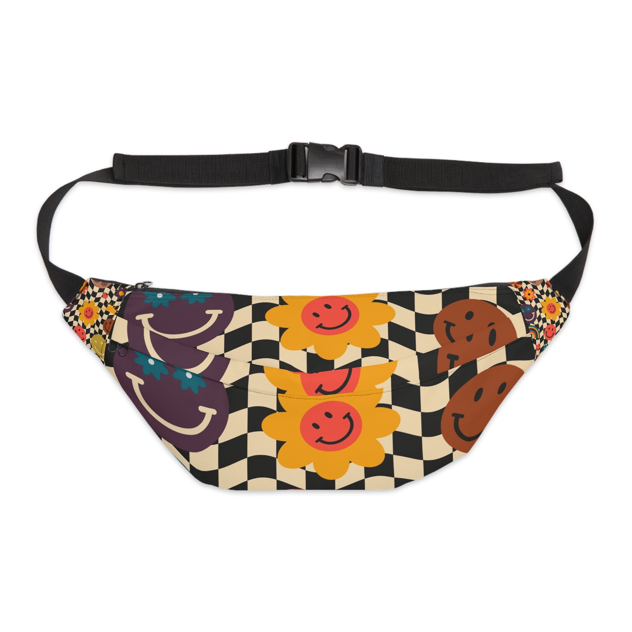 Trippy x Wavy Checkerboard x Smiley Face x Rainbow x Flowers Multi-Color Large Fanny Pack, Artsulli - Art is Long, Life is Short, Bags, Size, 8" × 9" × 4'', , , , , 85183640961833130526