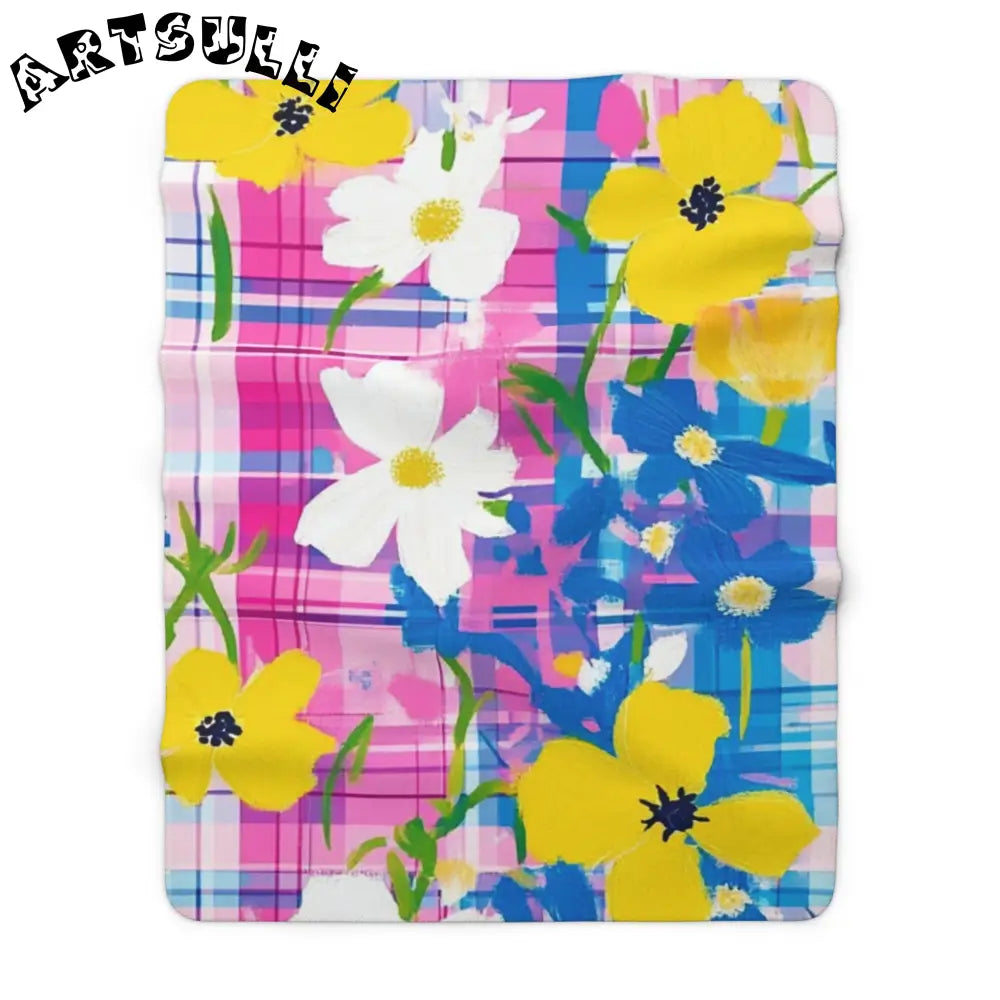 JAKKOUTTHEBXX Plaid Garden Pink and Blue Sherpa Fleece Blanket