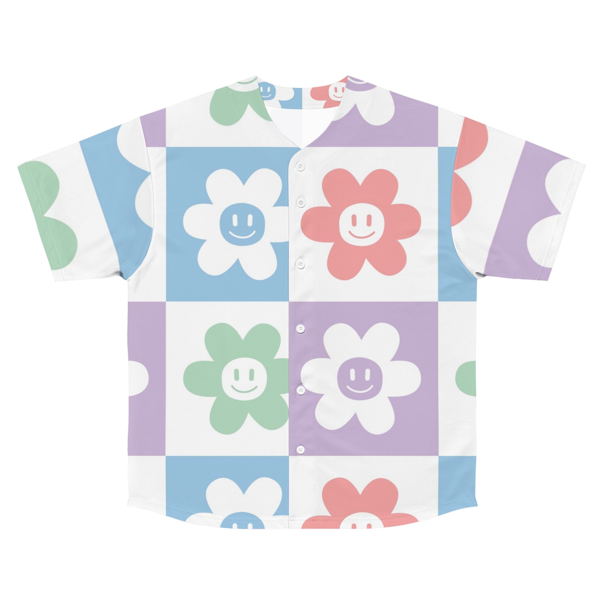Chessboard x Smiley Face Flowers Multi-Color Men's Baseball Jersey (AOP), Artsulli - Art is Long, Life is Short, All Over Prints, Size, S, Color, Seam thread color automatically matched to design, , , 33879269245404840583