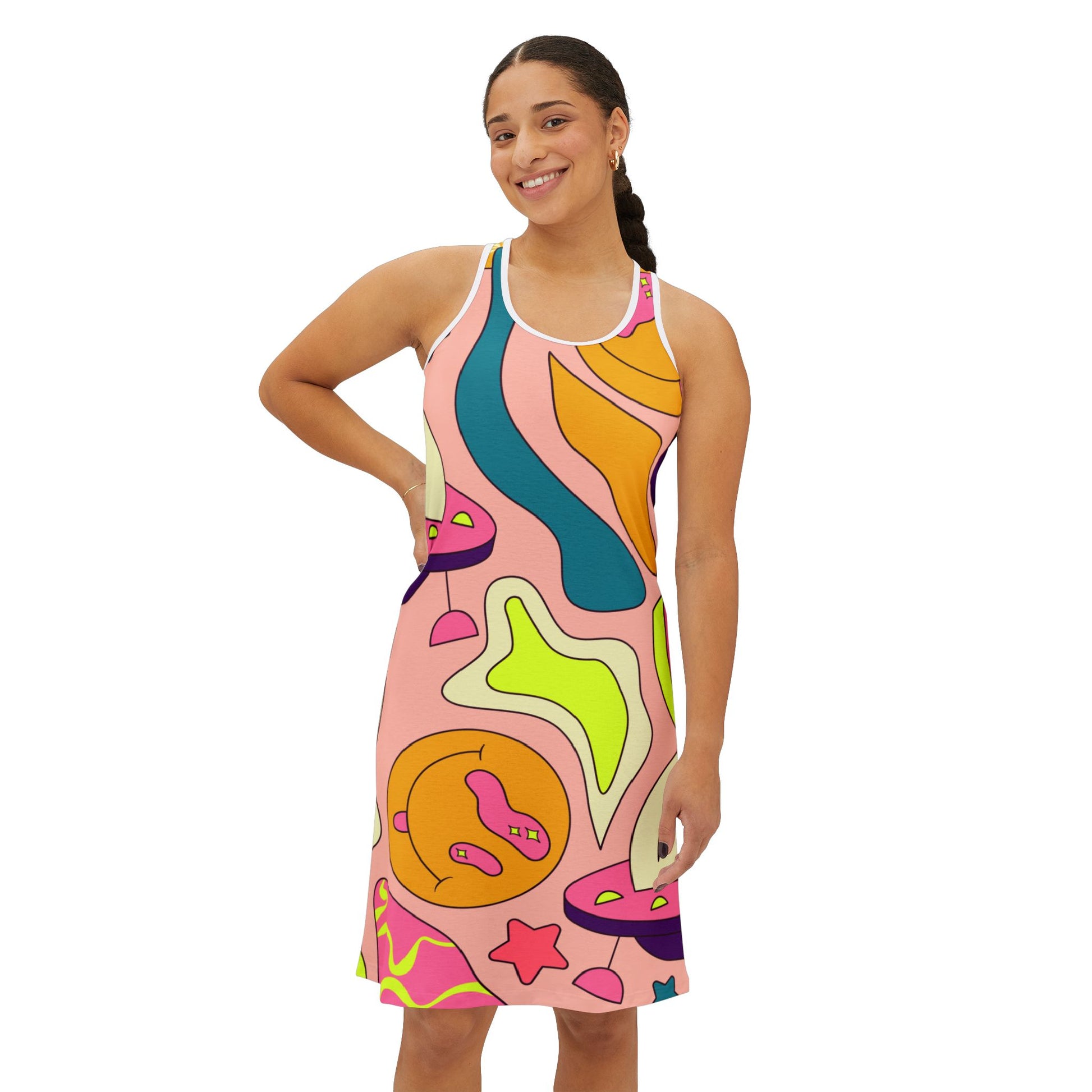 Trippy Spaceships Pink Women's Racerback Dress (AOP), Artsulli - Art is Long, Life is Short, Tank Top, , , , , , , 