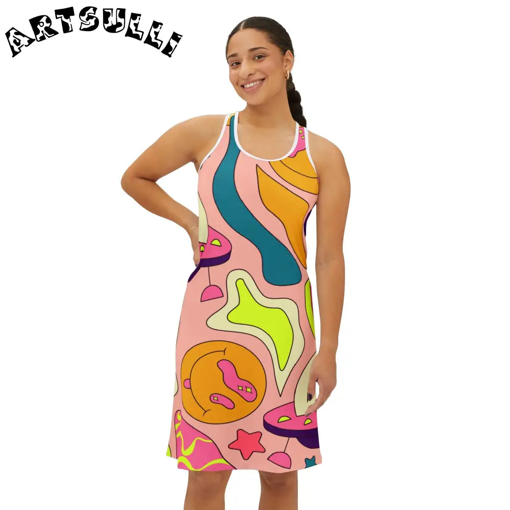 JAKKOUTTHEBXX Trippy Spaceships Pink Women’s Racerback Dress (AOP)
