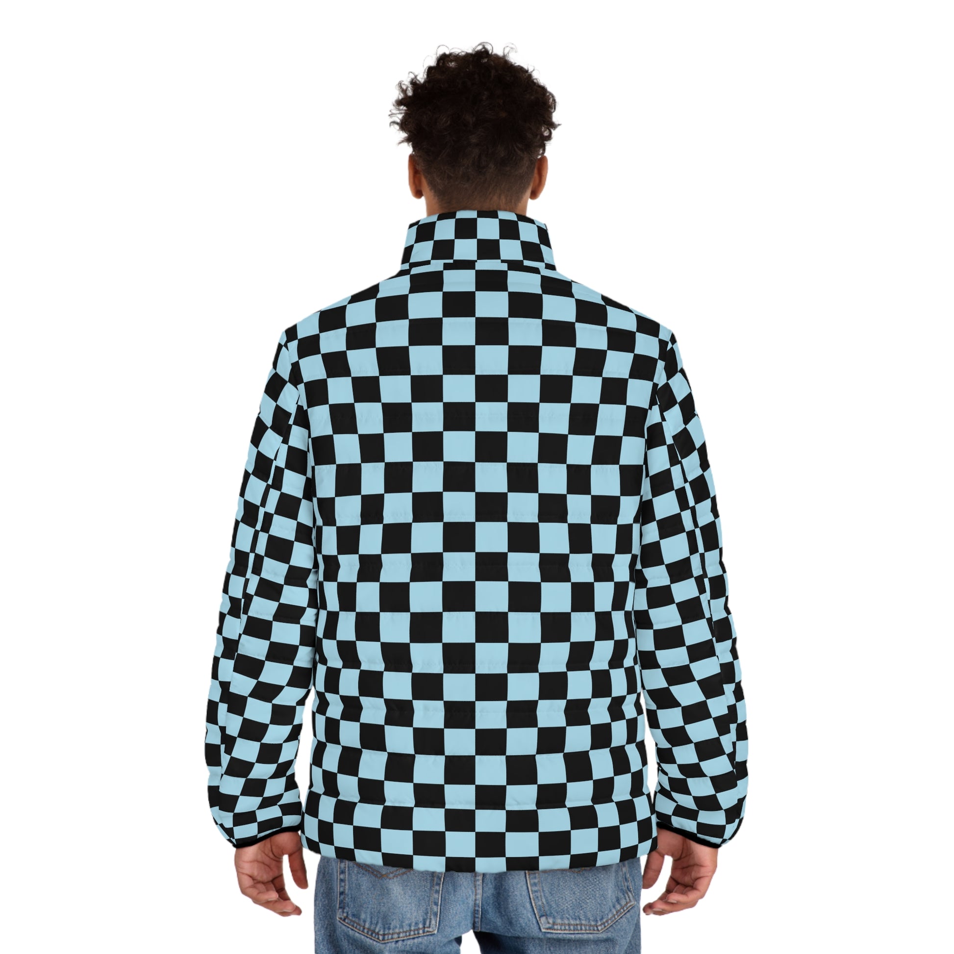 Checkerboard Black and Blue Men's Puffer Jacket (AOP), Artsulli - Art is Long, Life is Short, All Over Prints, , , , , , , 