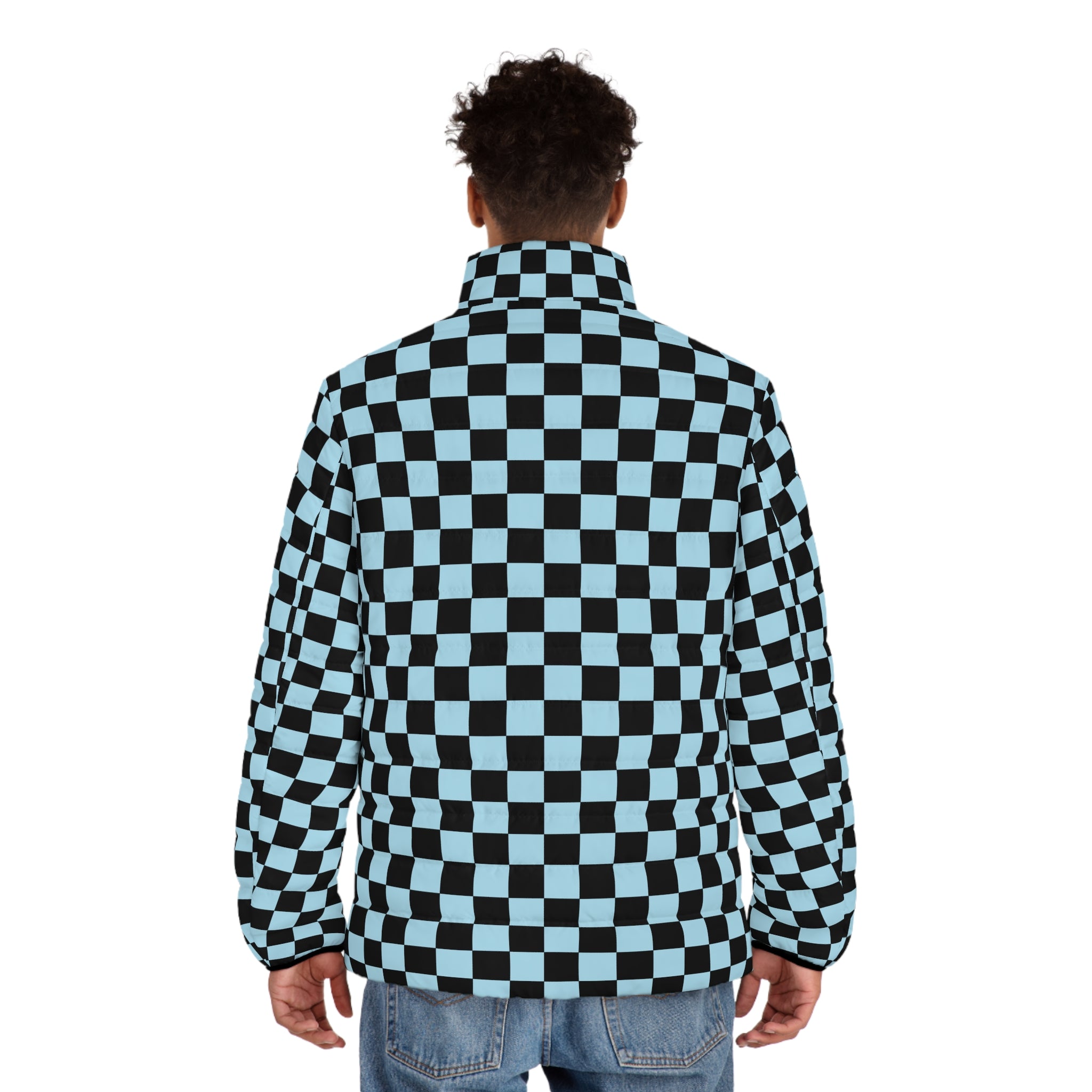 Checkerboard Black and Blue Men's Puffer Jacket (AOP), Artsulli - Art is Long, Life is Short, All Over Prints, , , , , , , 