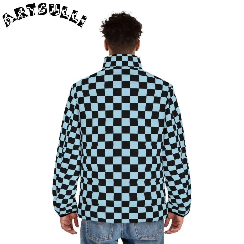 JAKKOUTTHEBXX Checkerboard Black and Blue Men’s Puffer Jacket (AOP)