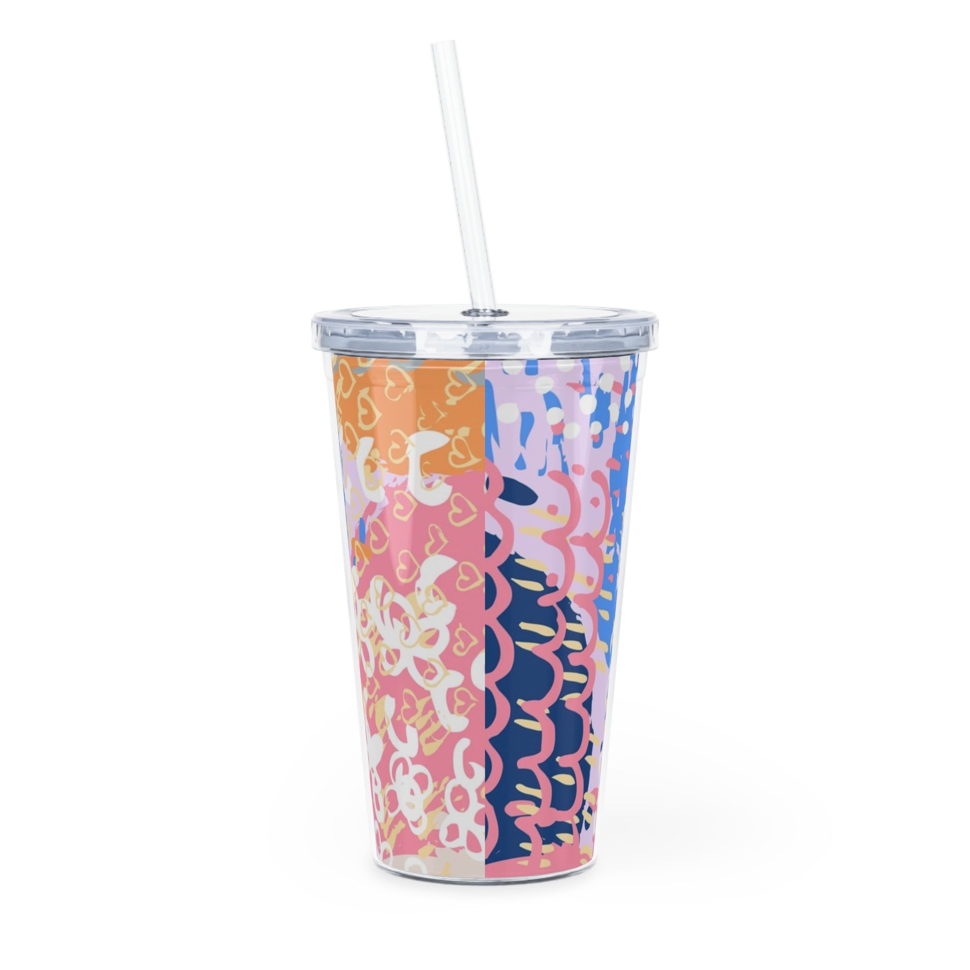 Flowers x Doodles x Hearts Multi-Color Plastic Tumbler with Straw, Artsulli - Art is Long, Life is Short, Mug, , , , , , , 