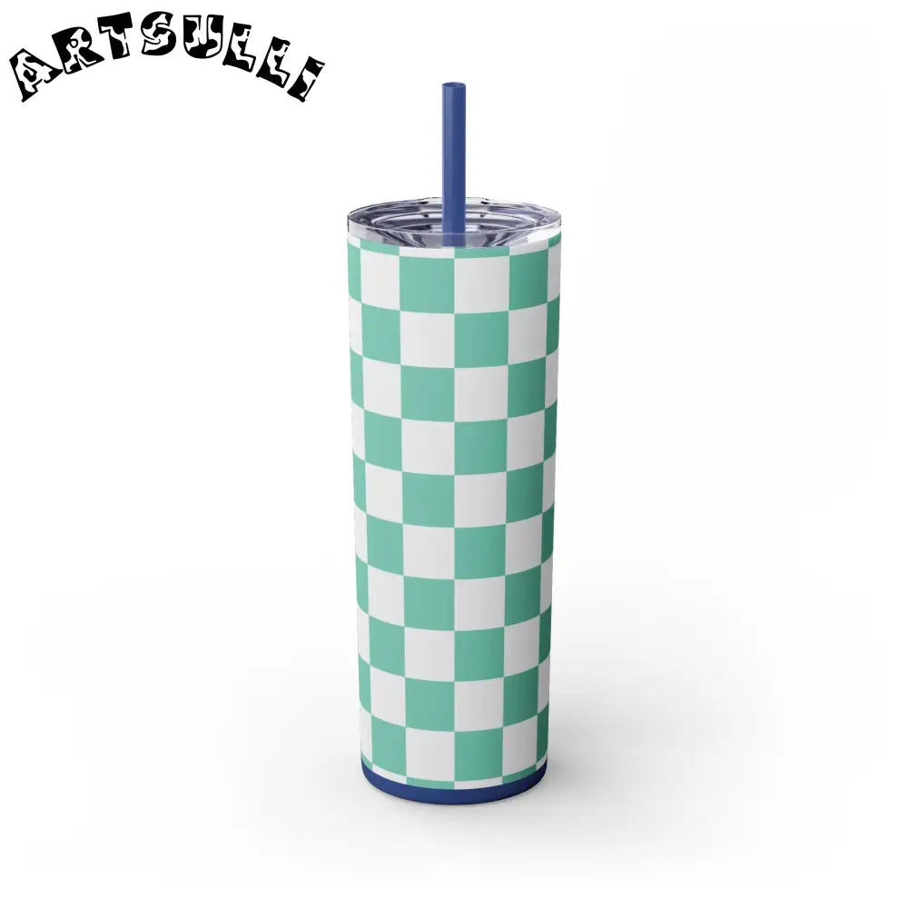 JAKKOUTTHEBXX Checkerboard Light Green Skinny Tumbler with Straw