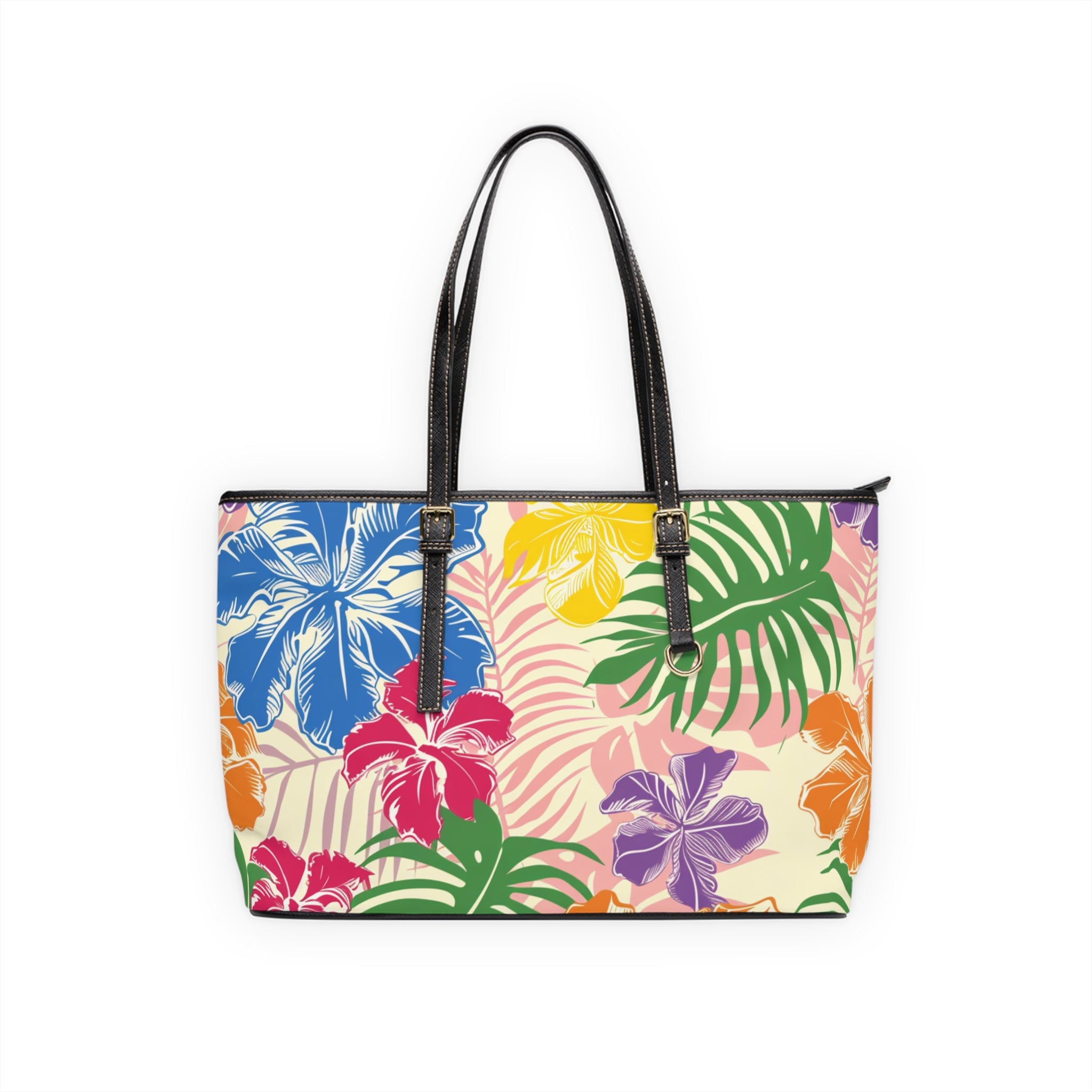Blooming Tropical Flowers PU Leather Shoulder Bag, Artsulli - Art is Long, Life is Short, Bags, Size, 17" x 11", Color, Black, , , 17124619095529694006