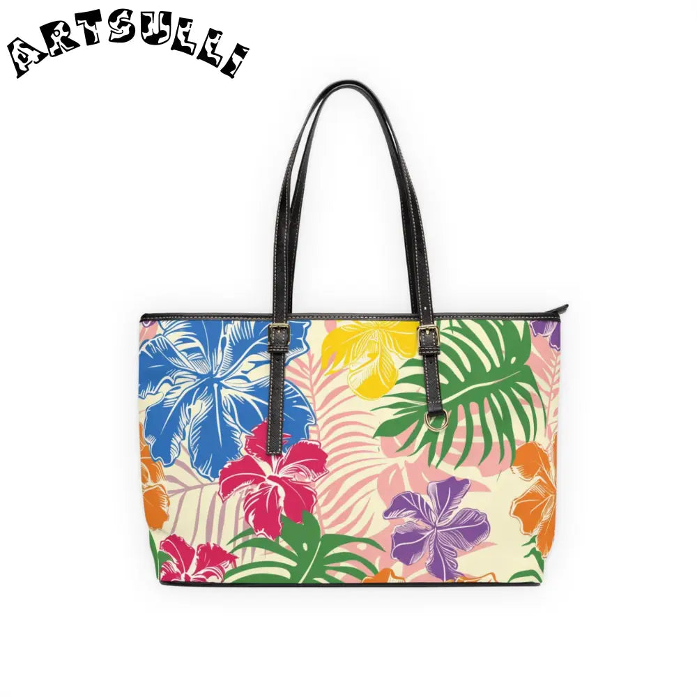 Blooming Tropical Flowers PU Leather Shoulder Bag, Artsulli - Art is Long, Life is Short, Bags, Size, 17" x 11", Color, Black, , , 17124619095529694006