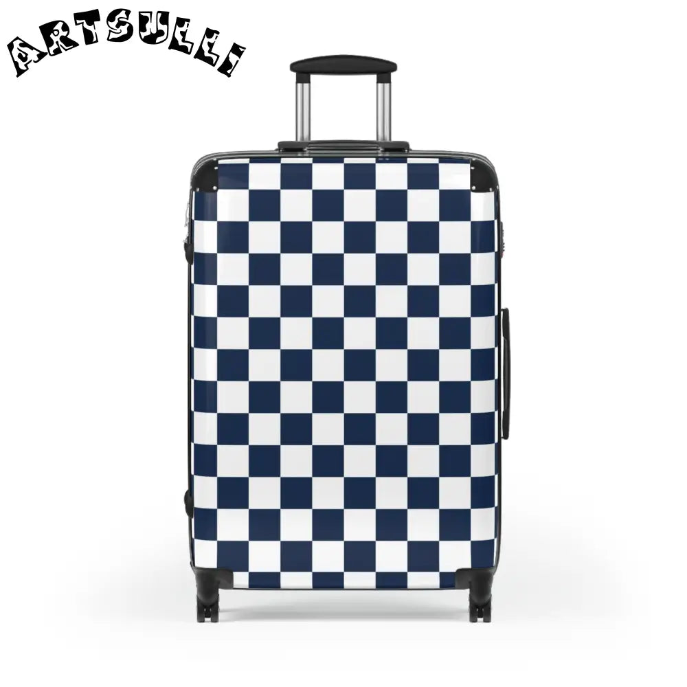 JAKKOUTTHEBXX Checkerboard White and Navy Blue Suitcase