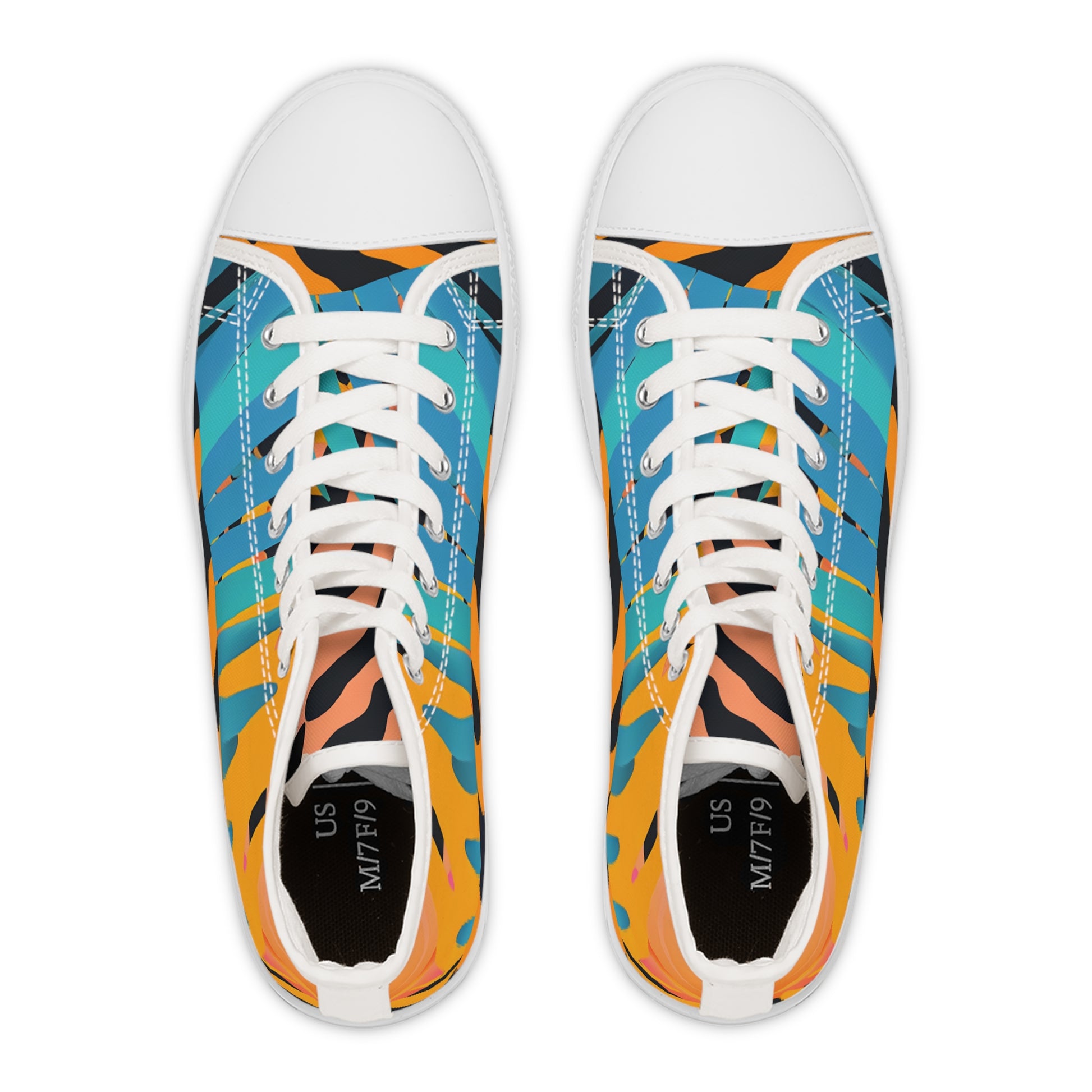 Palm Leaves x Tiger Stripes II Orange and Blue Women's High Top Sneakers, Artsulli - Art is Long, Life is Short, Shoes, , , , , , , 