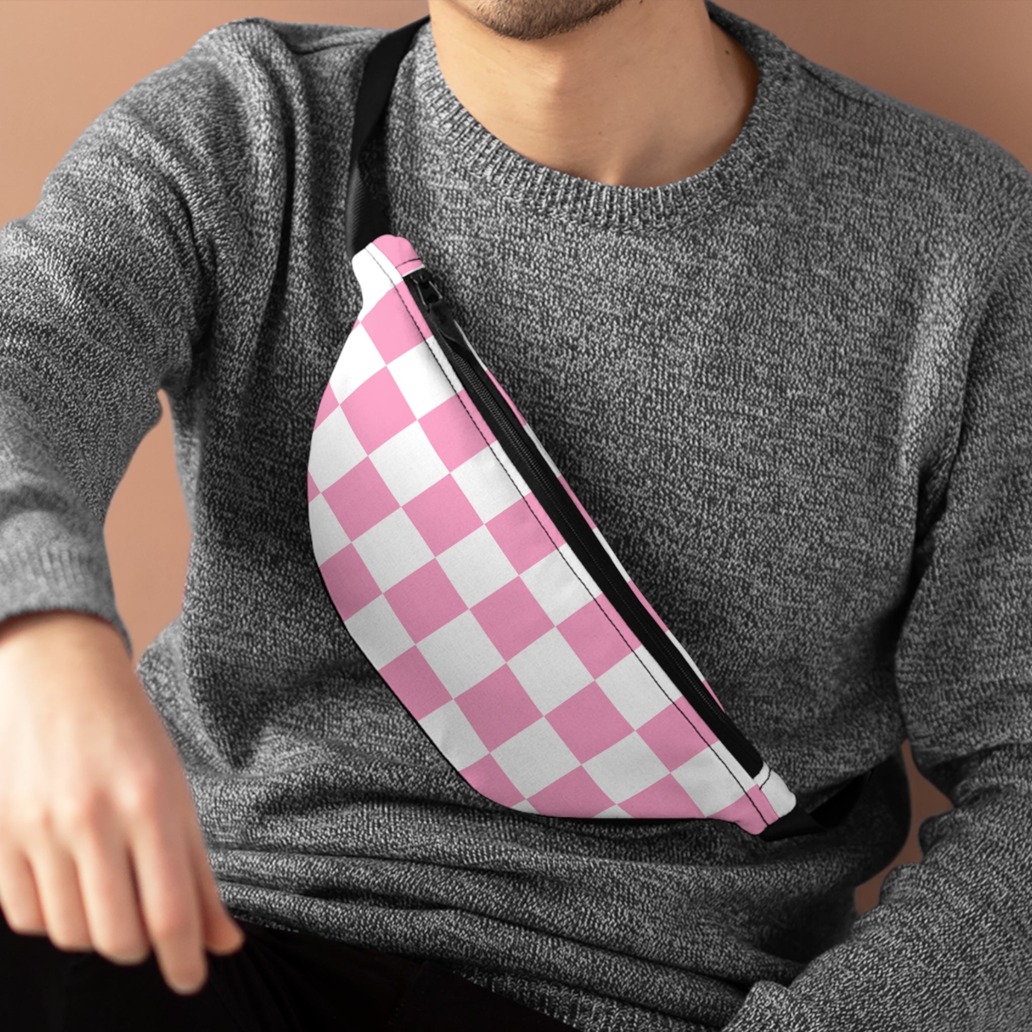 Checkerboard Hot Pink and White Fanny Pack, Artsulli - Art is Long, Life is Short, Bags, , , , , , , 