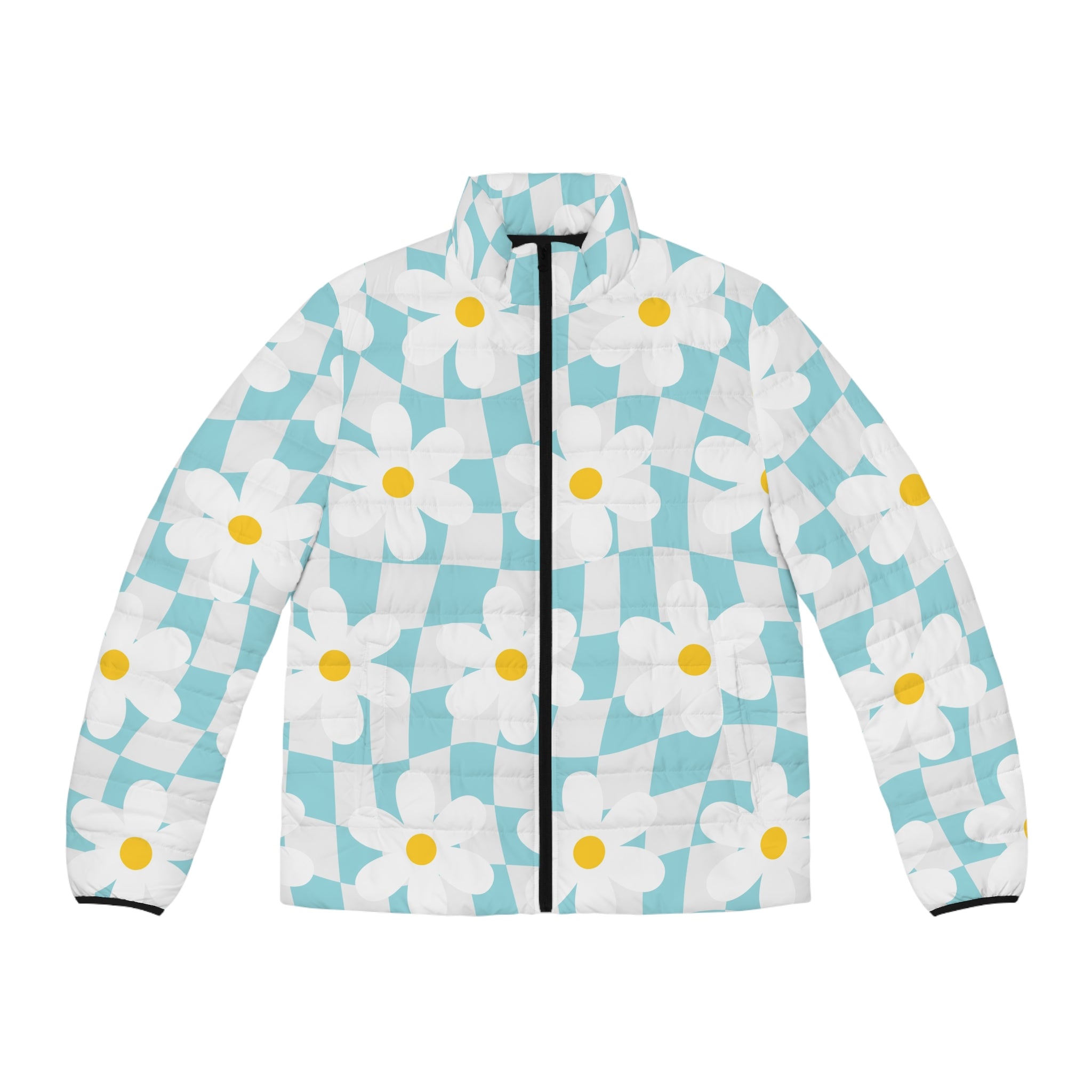Trippy Check Garden Men's Puffer Jacket (AOP), Artsulli - Art is Long, Life is Short, All Over Prints, Size, S, Color, Black zipper, , , 30521044164547638691