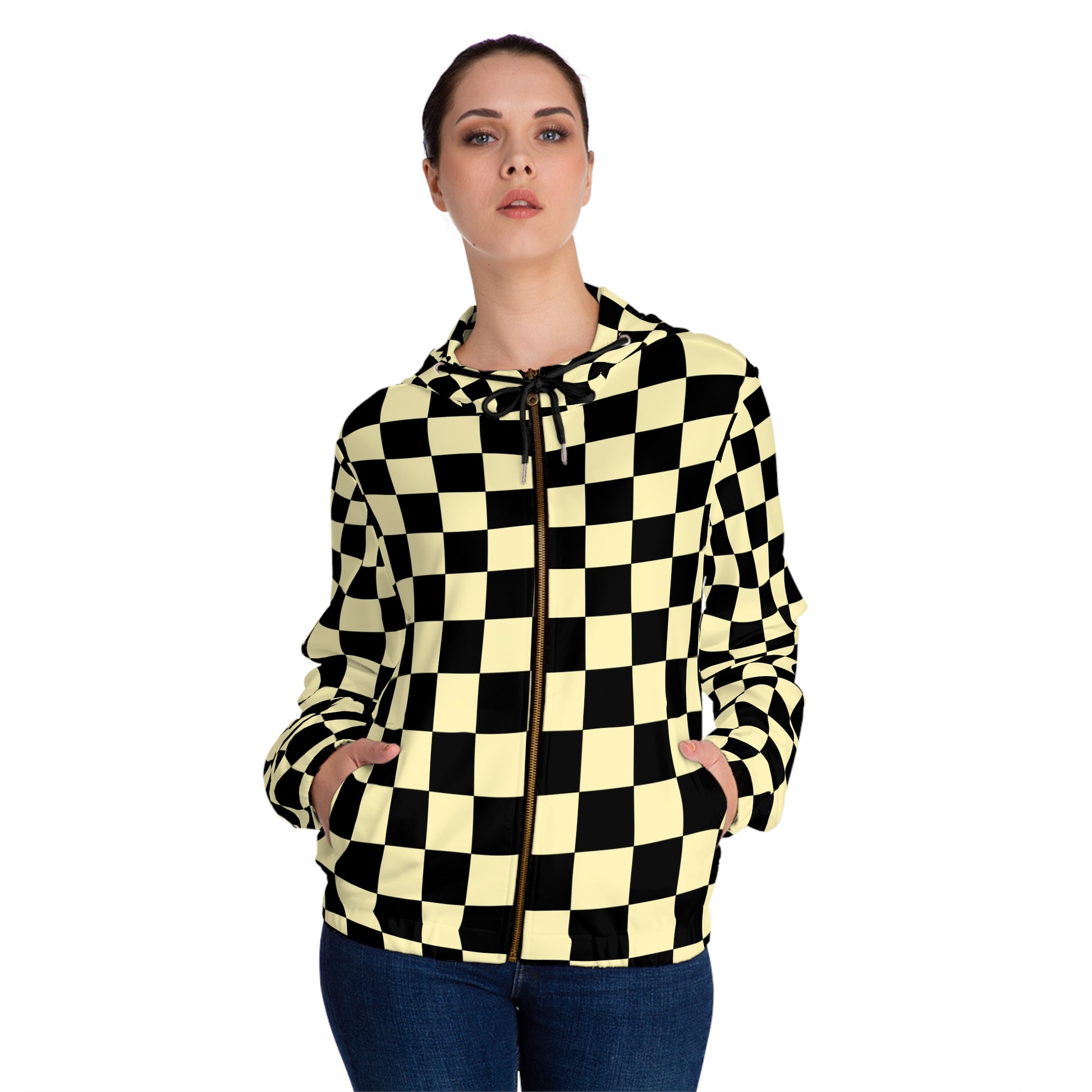 Checkerboard Black and Yellow Women’s Full-Zip Hoodie (AOP), Artsulli - Art is Long, Life is Short, All Over Prints, , , , , , , 