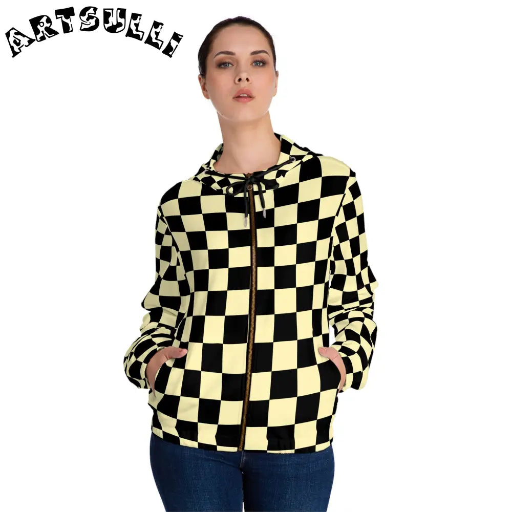 JAKKOUTTHEBXX Checkerboard Black and Yellow Women’s Full-Zip Hoodie