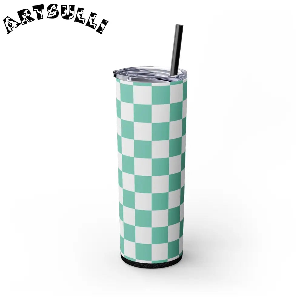 JAKKOUTTHEBXX Checkerboard Light Green Skinny Tumbler with Straw