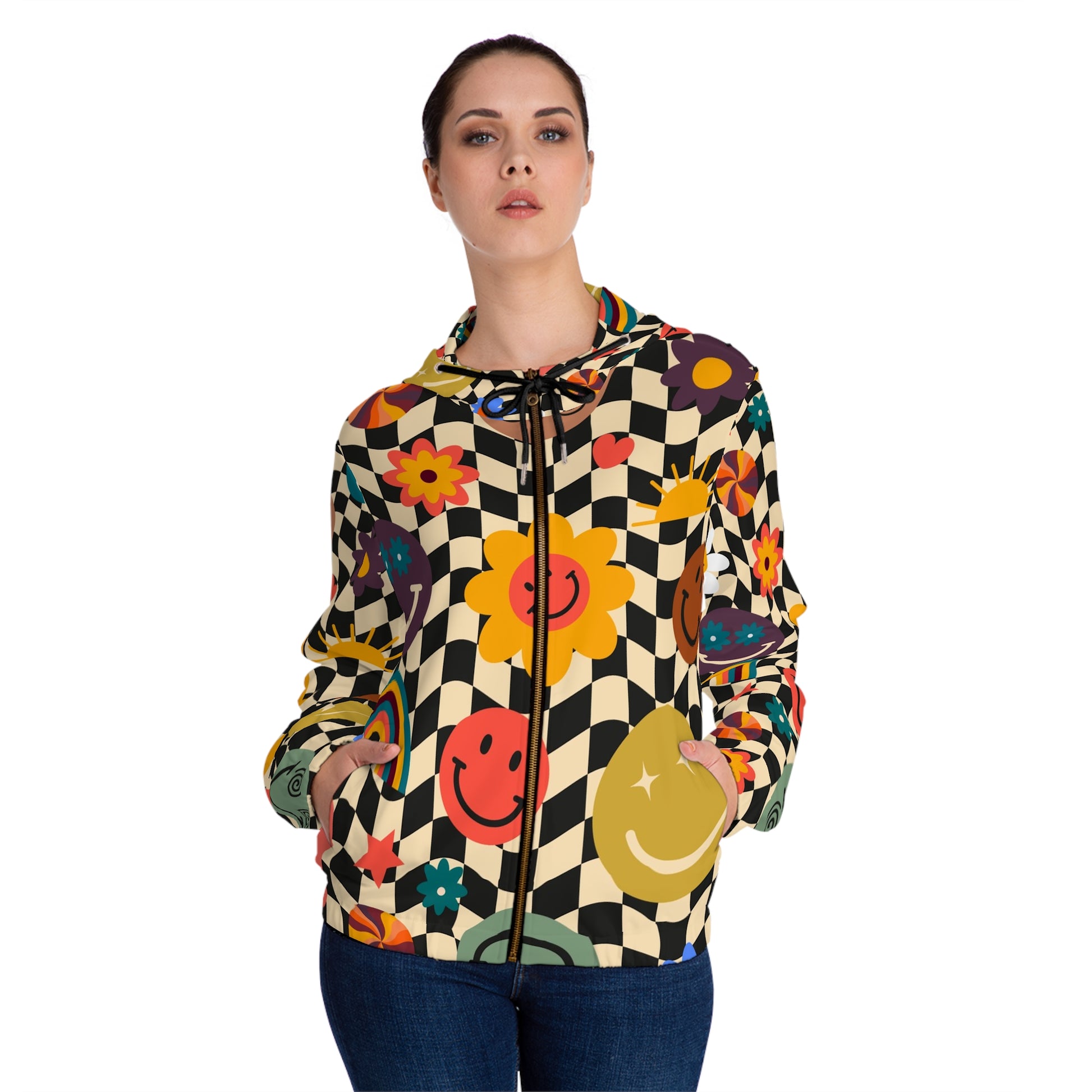 Trippy x Wavy Checkerboard x Smiley Face x Rainbow x Flowers Multi-Color Women’s Full-Zip Hoodie (AOP), Artsulli - Art is Long, Life is Short, All Over Prints, , , , , , , 