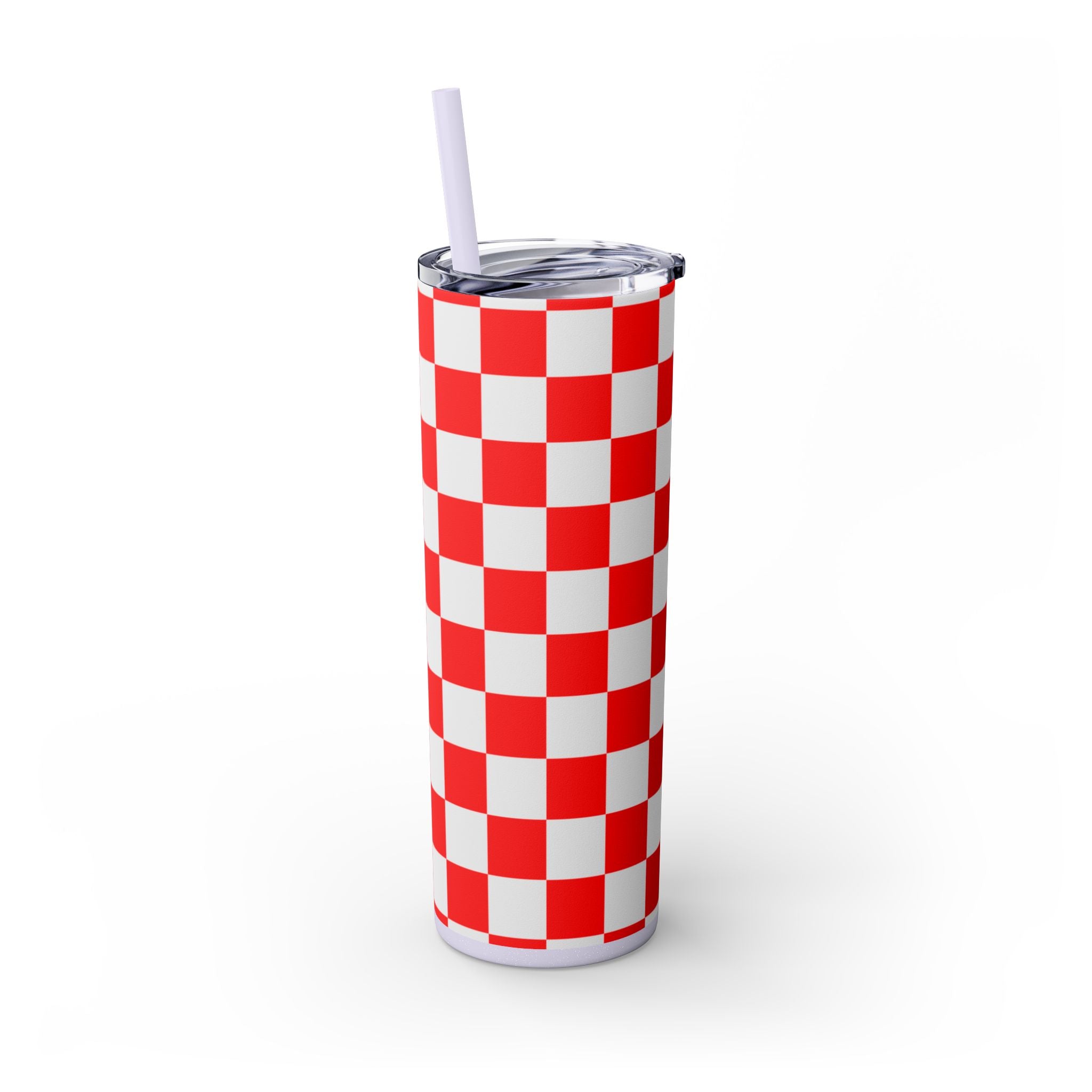 Checkerboard Red and White Skinny Tumbler with Straw, 20oz, Artsulli - Art is Long, Life is Short, Mug, , , , , , , 