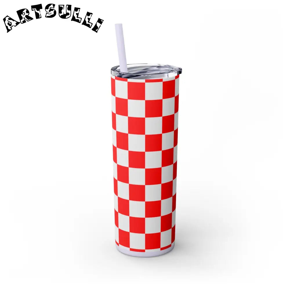 JAKKOUTTHEBXX Checkerboard Red and White Skinny Tumbler with Straw