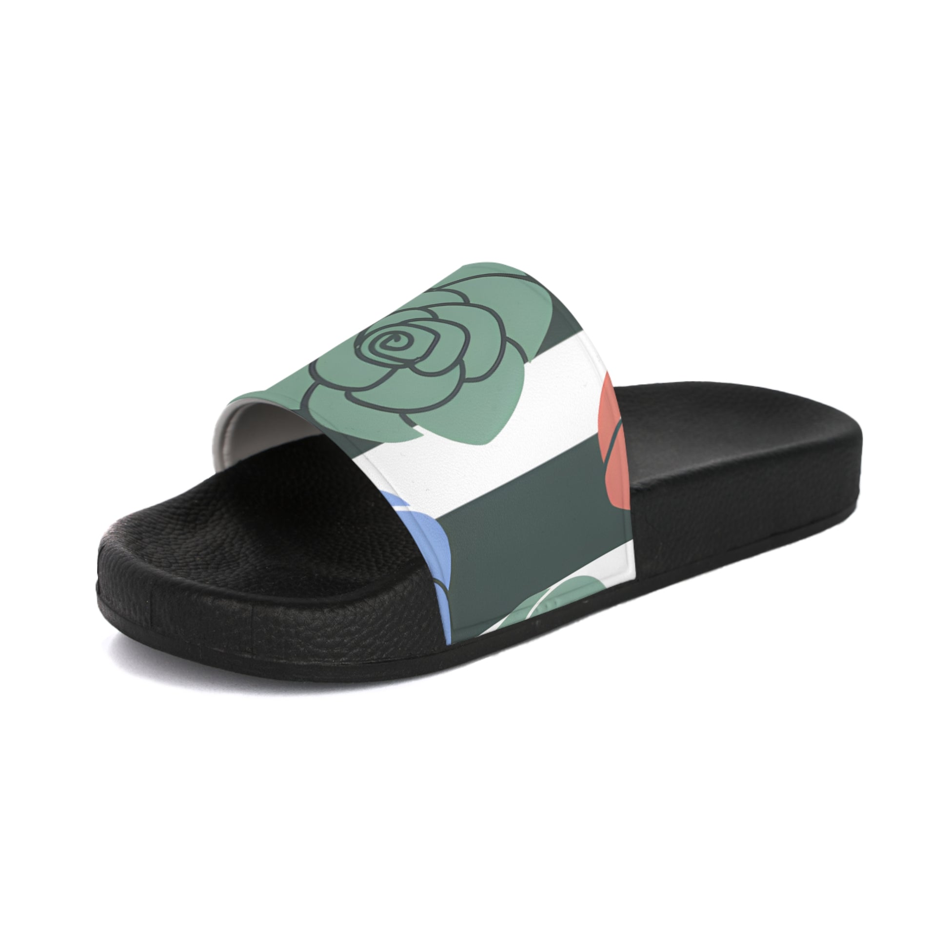 Stripes x Roses Black and White Women's Slide Sandals, Artsulli - Art is Long, Life is Short, Shoes, , , , , , , 