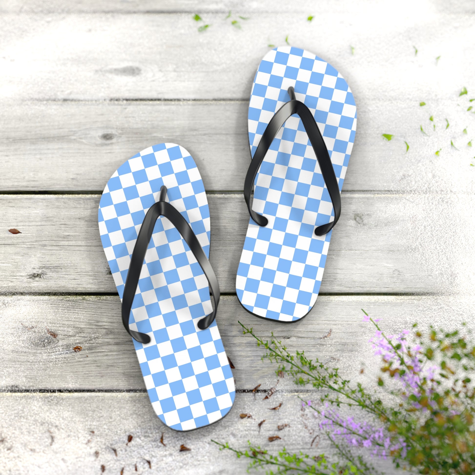 Checkerboard White and Light Blue Flip Flops, Artsulli - Art is Long, Life is Short, Shoes, , , , , , , 
