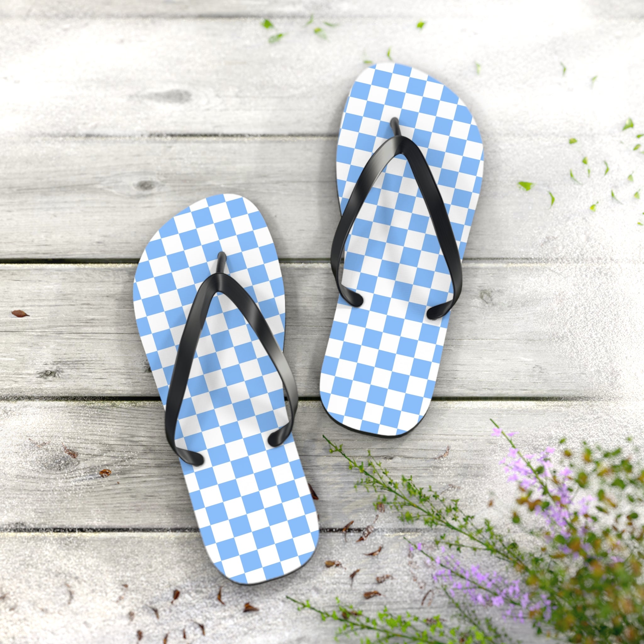Checkerboard White and Light Blue Flip Flops, Artsulli - Art is Long, Life is Short, Shoes, , , , , , , 