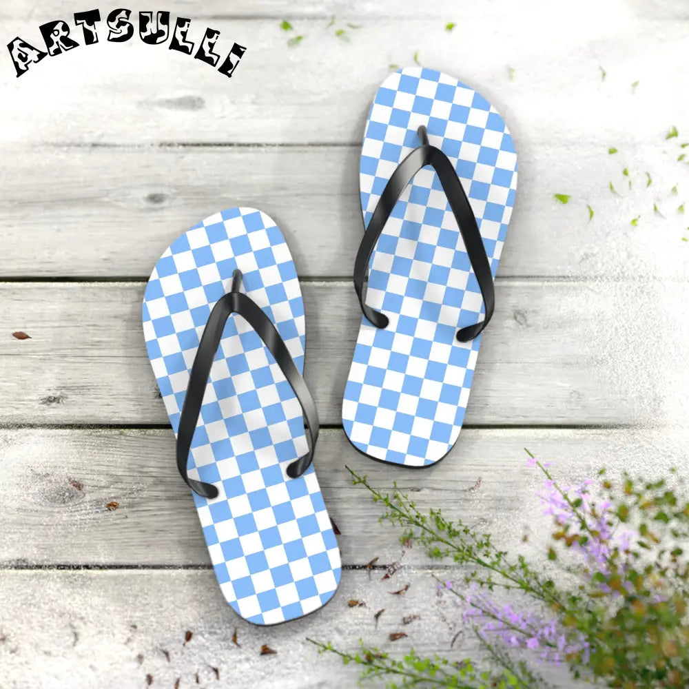 JAKKOUTTHEBXX Checkerboard White and Light Blue Flip Flops