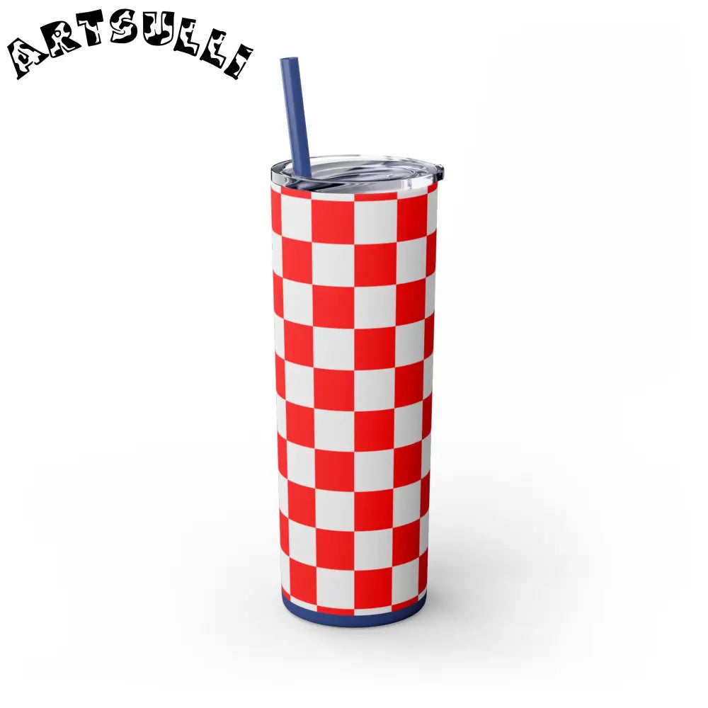 JAKKOUTTHEBXX Checkerboard Red and White Skinny Tumbler with Straw