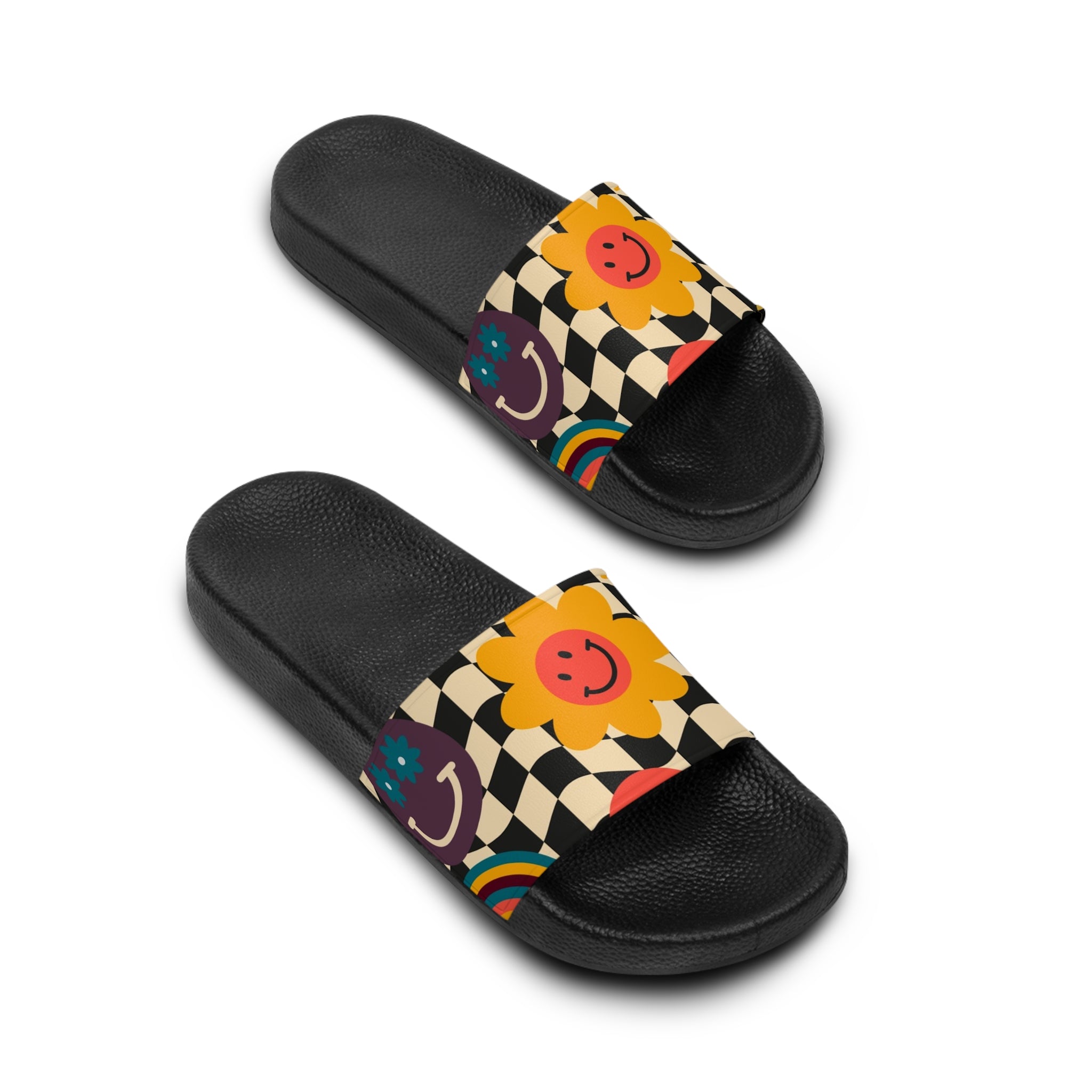 Trippy x Wavy Checkerboard x Smiley Face x Rainbow x Flowers Multi-Color Women's Slide Sandals, Artsulli - Art is Long, Life is Short, Shoes, , , , , , , 