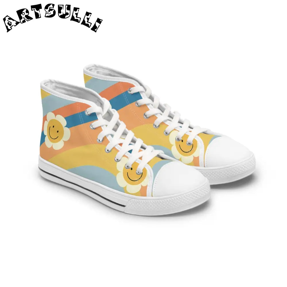 70s Smiley Wave Women's High Top Sneakers, Artsulli - Art is Long, Life is Short, Shoes, Size, US 5.5, Color, White sole, , , 31622811380607452642