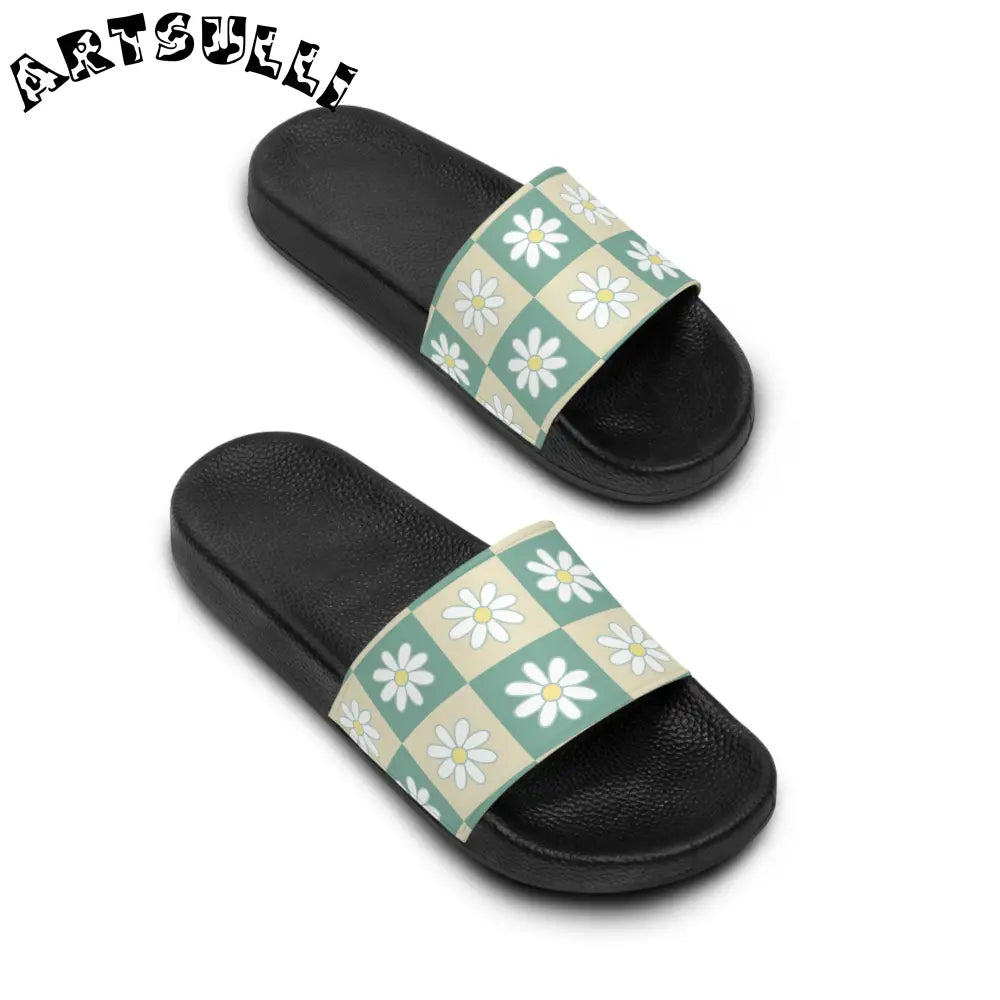 JAKKOUTTHEBXX Retro Daisy Checkerboard Green and Tan Men’s Slide