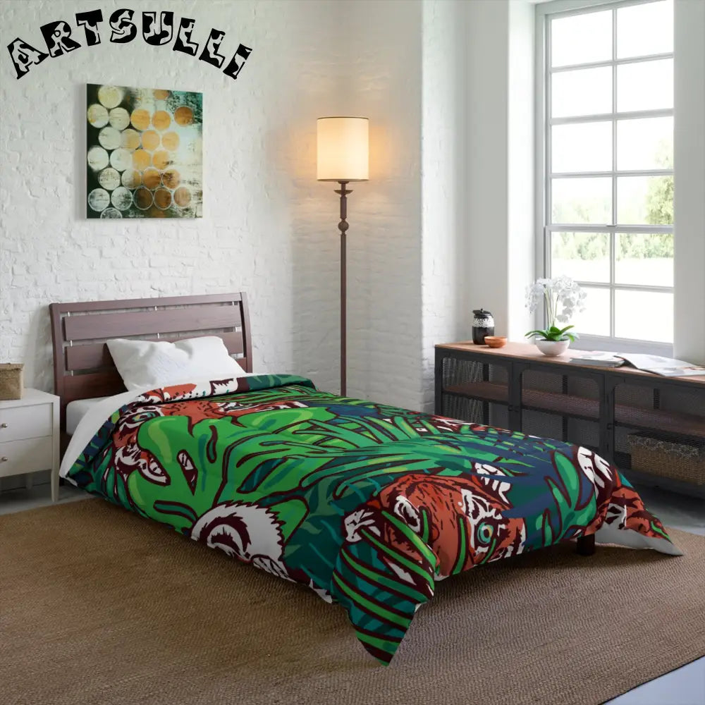 JAKKOUTTHEBXX Tropical Jungle Tigers Blue and Green Comforter