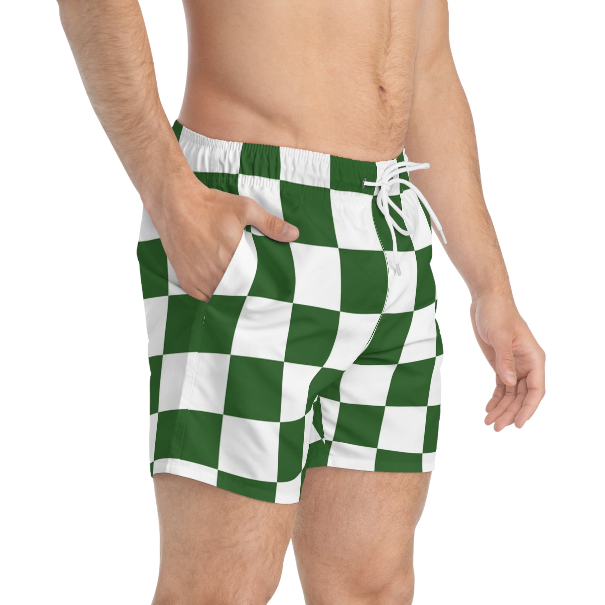 Checkerboard White and Dark Green Swim Trunks (AOP), Artsulli - Art is Long, Life is Short, All Over Prints, , , , , , , 