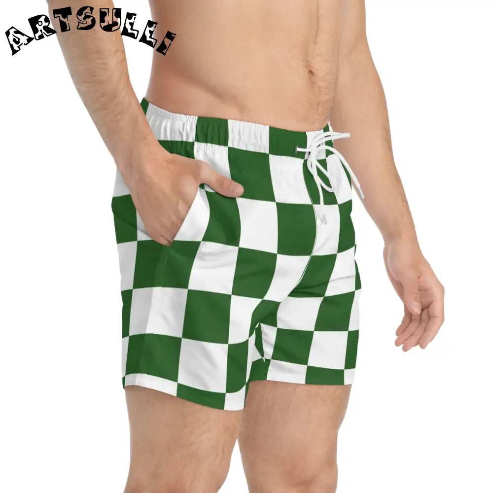 JAKKOUTTHEBXX Checkerboard White and Dark Green Swim Trunks (AOP)