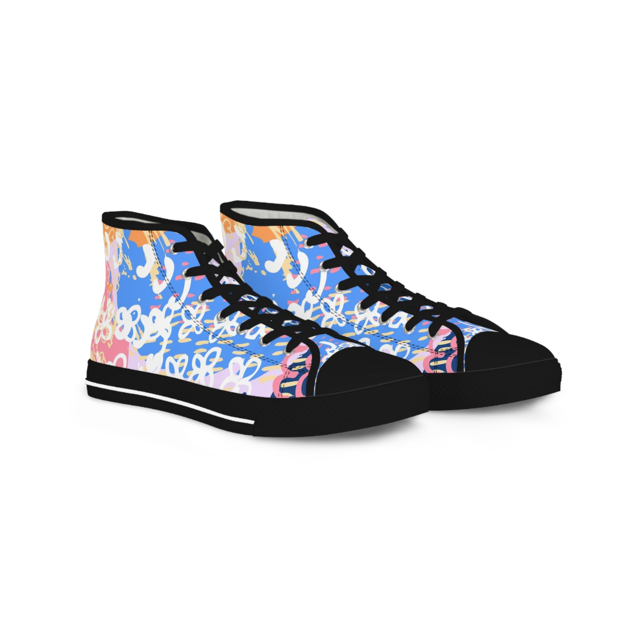 Flowers x Doodles x Hearts Multi-Color Men's High Top Sneakers, Artsulli - Art is Long, Life is Short, Shoes, Size, US 5, Color, Black sole, , , 32046942666370768506