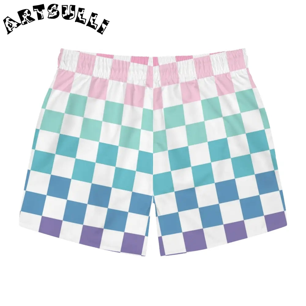 JAKKOUTTHEBXX Vaporwave Rainbow Checkerboard Multi-Color Swim Trunks